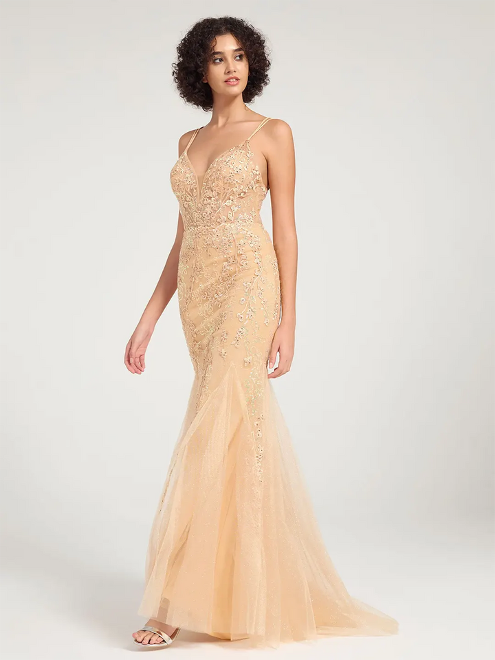 Champagne V-Neck Lace-Up Mermaid Tulle Maxi Formal Prom Dress with Sequin Lace