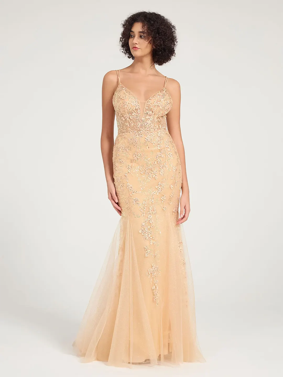 Champagne V-Neck Lace-Up Mermaid Tulle Maxi Formal Prom Dress with Sequin Lace