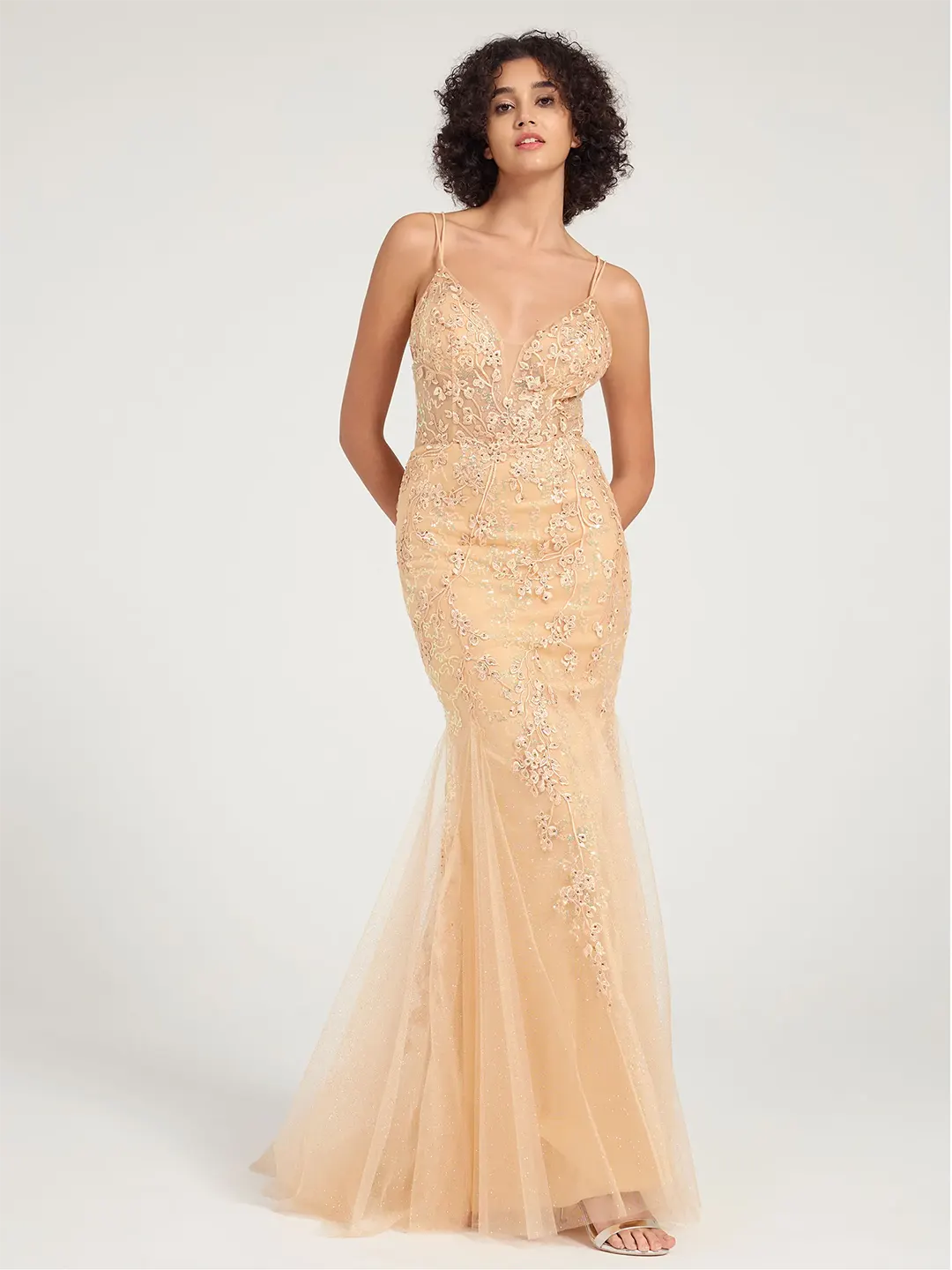 Champagne V-Neck Lace-Up Mermaid Tulle Maxi Formal Prom Dress with Sequin Lace