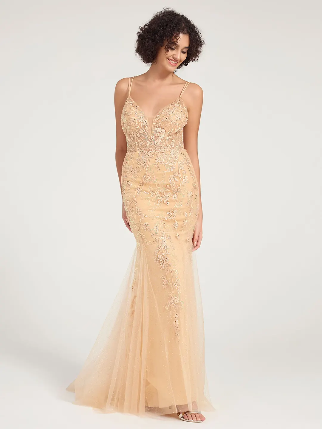 Champagne V-Neck Lace-Up Mermaid Tulle Maxi Formal Prom Dress with Sequin Lace