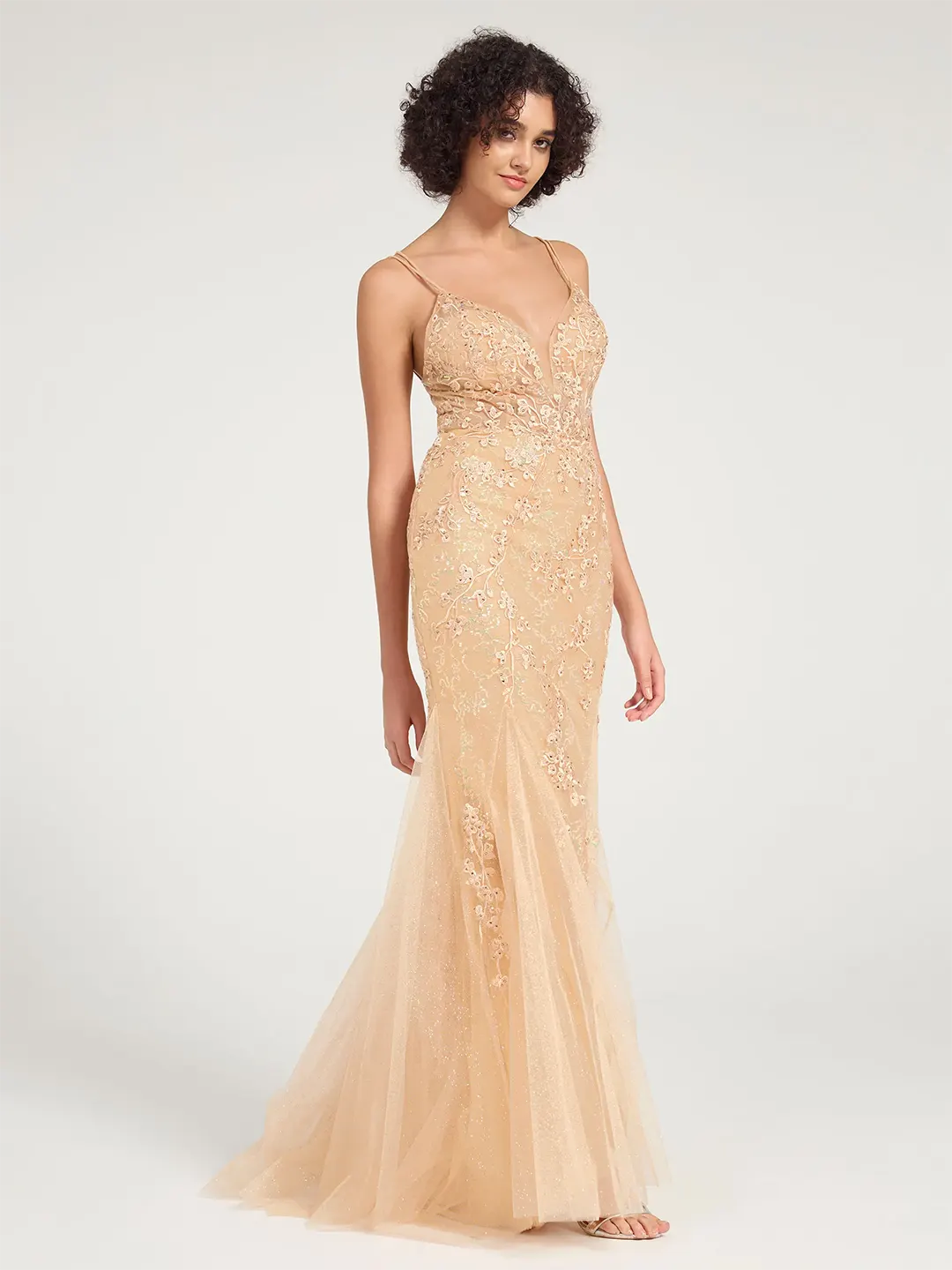 Champagne V-Neck Lace-Up Mermaid Tulle Maxi Formal Prom Dress with Sequin Lace