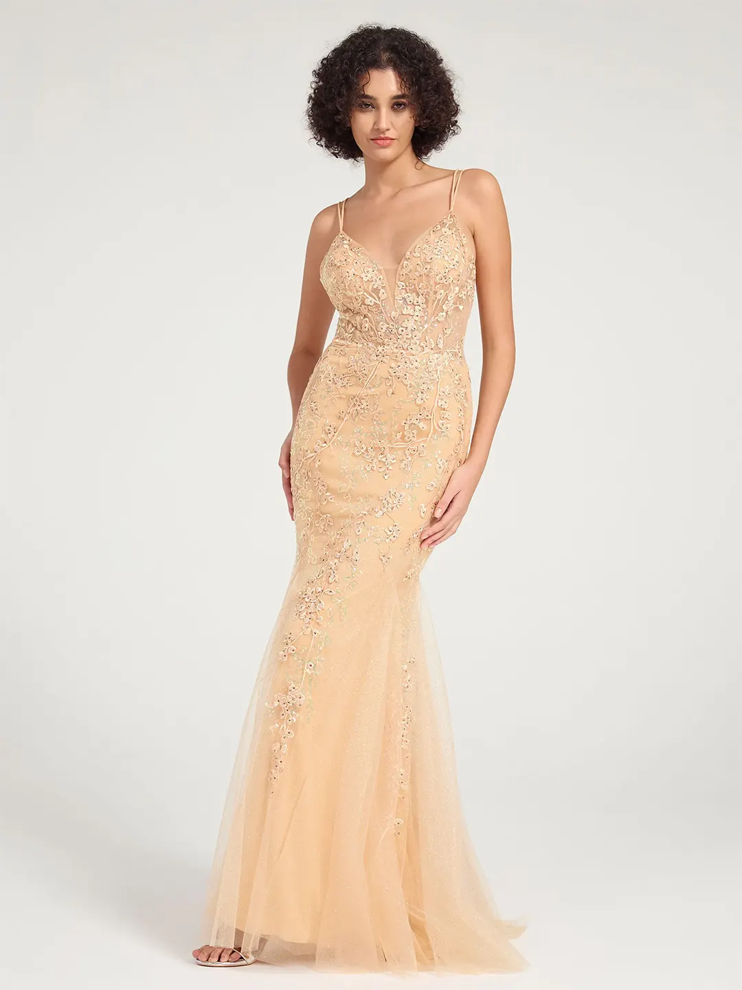 Champagne V-Neck Lace-Up Mermaid Tulle Maxi Formal Prom Dress with Sequin Lace