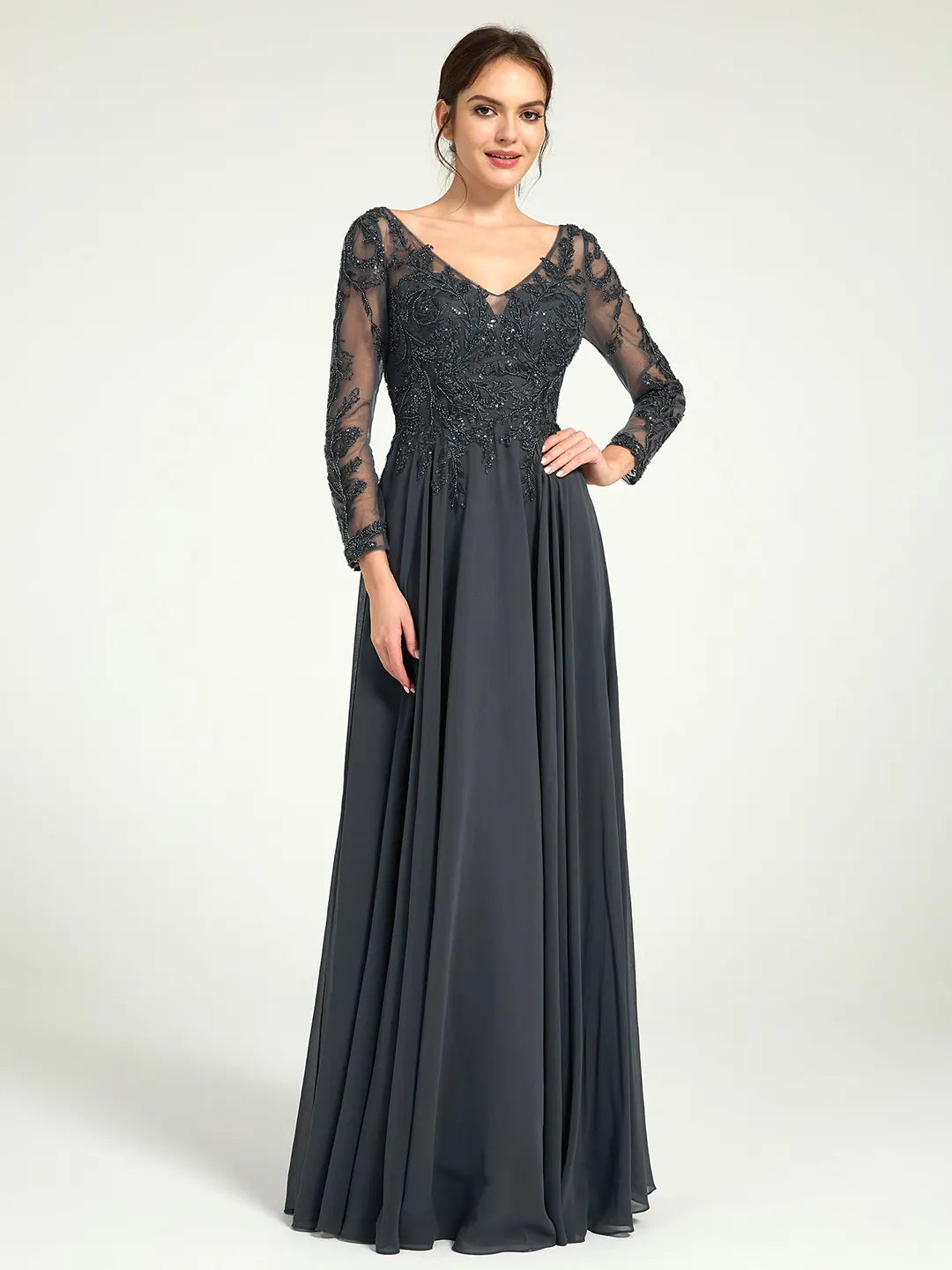 Charcoal Embroidered Long Sleeve Mother of the Bride Dress