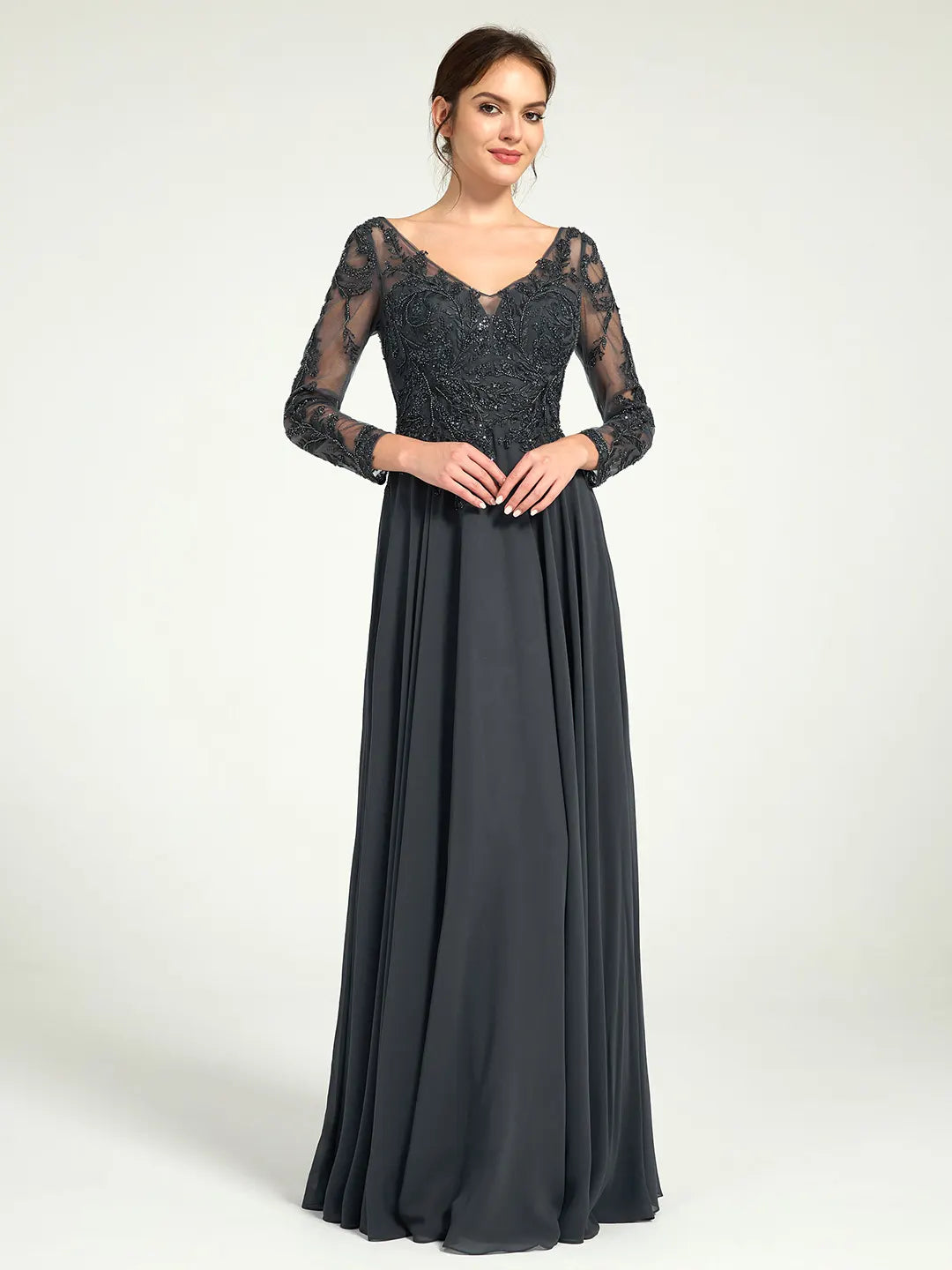 Charcoal Embroidered Long Sleeve Mother of the Bride Dress