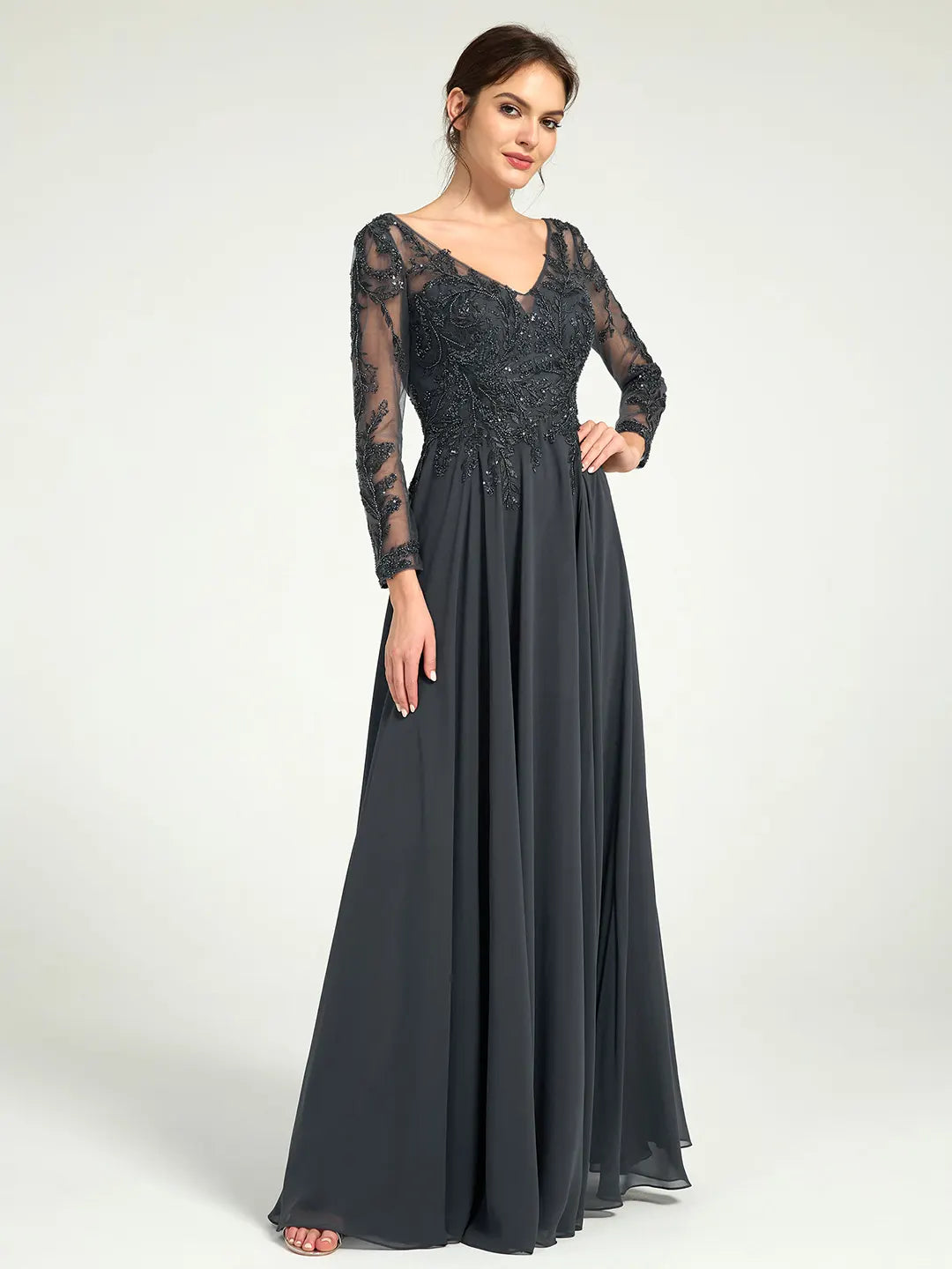 Charcoal Embroidered Long Sleeve Mother of the Bride Dress