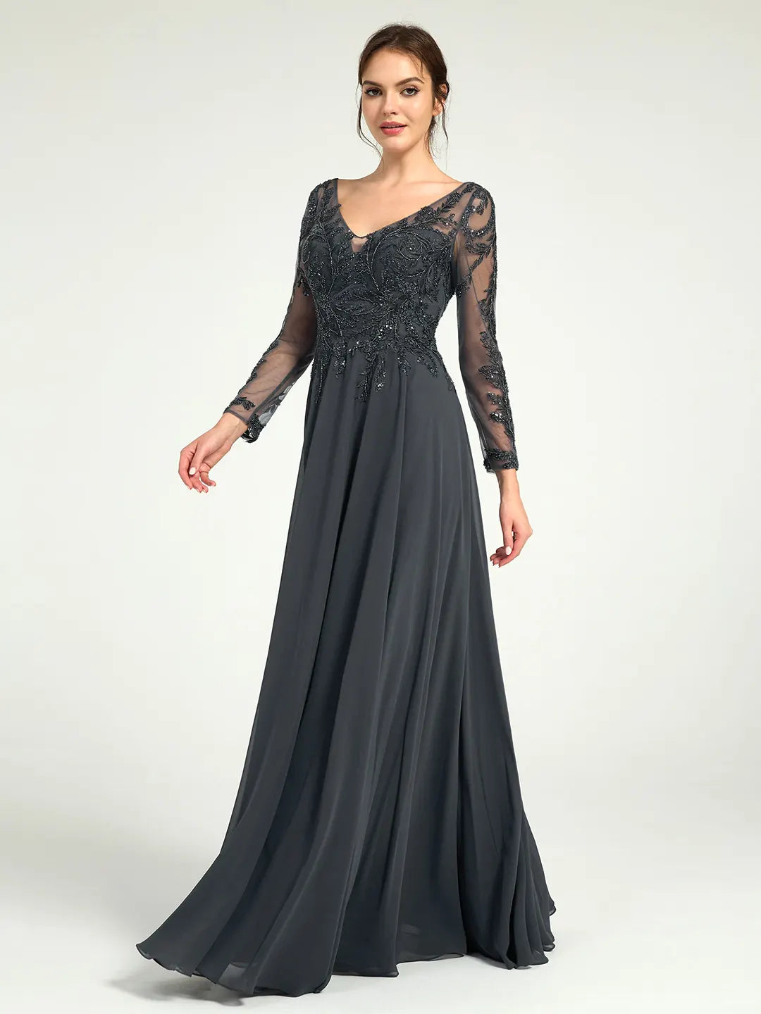 Charcoal Embroidered Long Sleeve Mother of the Bride Dress