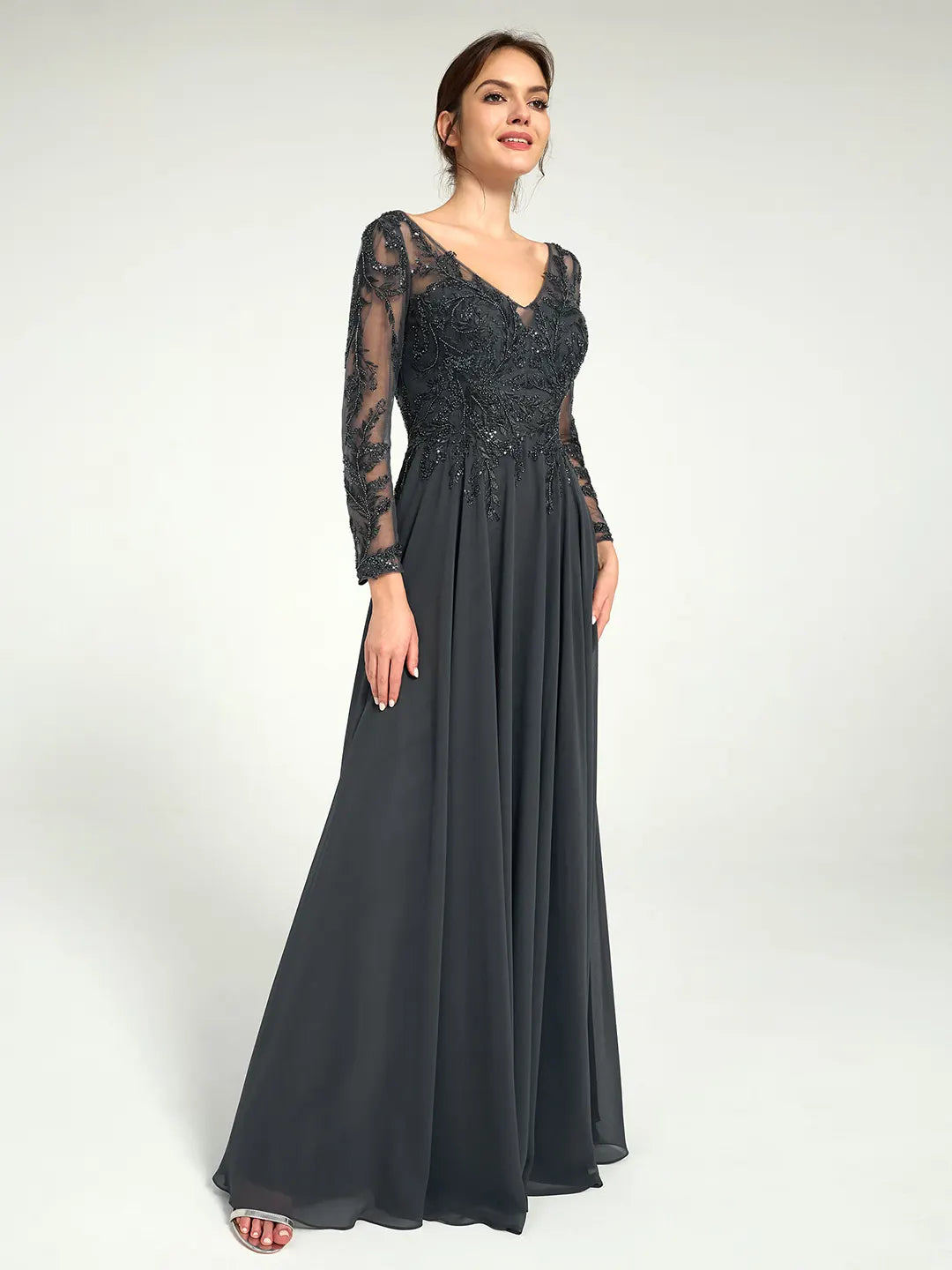 Charcoal Embroidered Long Sleeve Mother of the Bride Dress