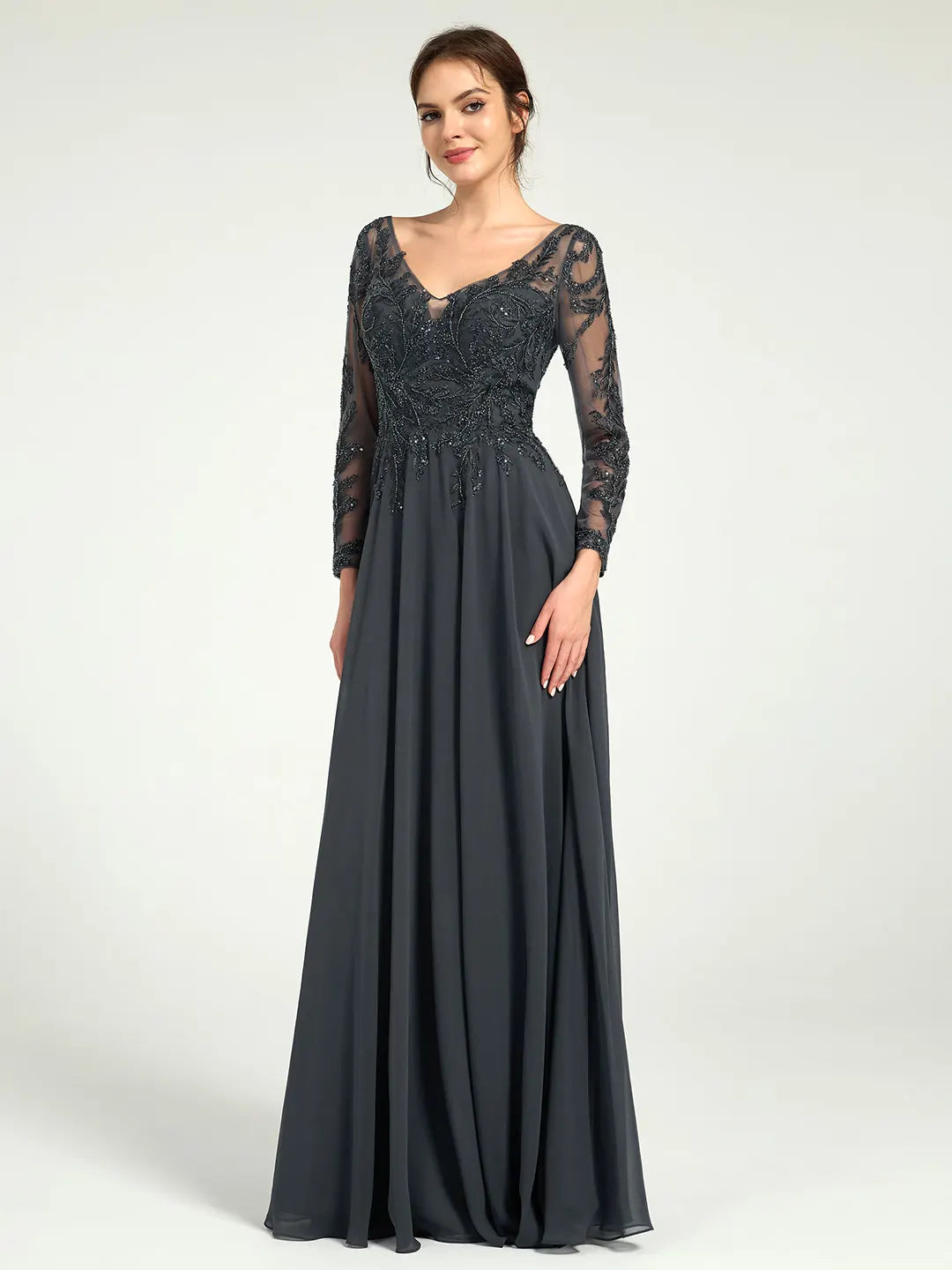 Charcoal Embroidered Long Sleeve Mother of the Bride Dress