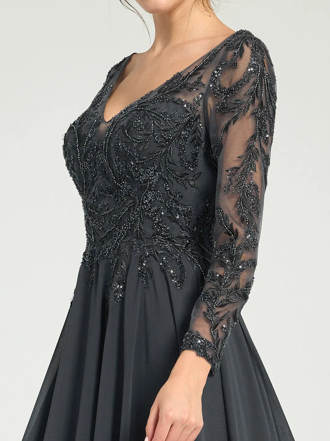 Charcoal Embroidered Long Sleeve Mother of the Bride Dress