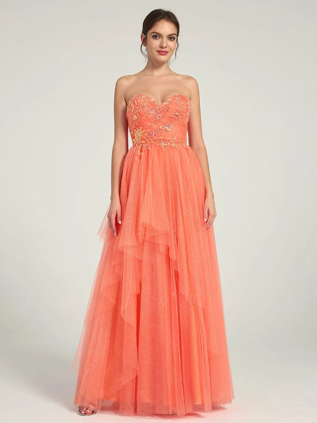 Coral A-Line Maxi Dress with Sweetheart Neckline and Beaded Floral Accents