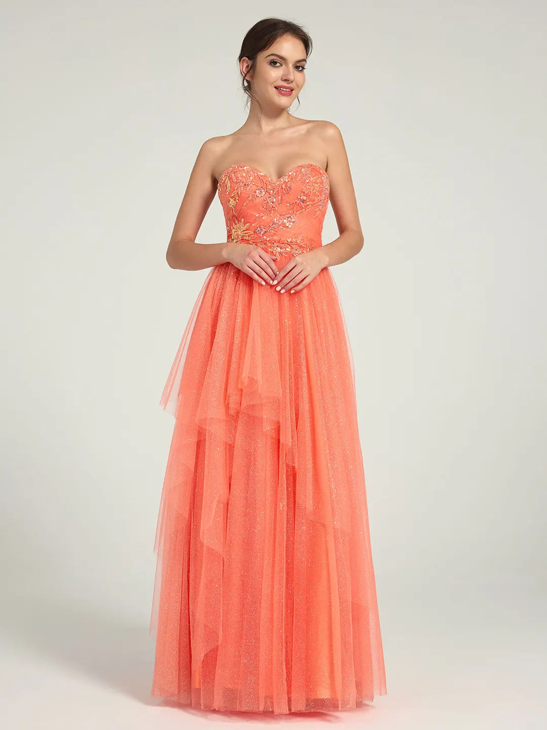 Coral A-Line Maxi Dress with Sweetheart Neckline and Beaded Floral Accents