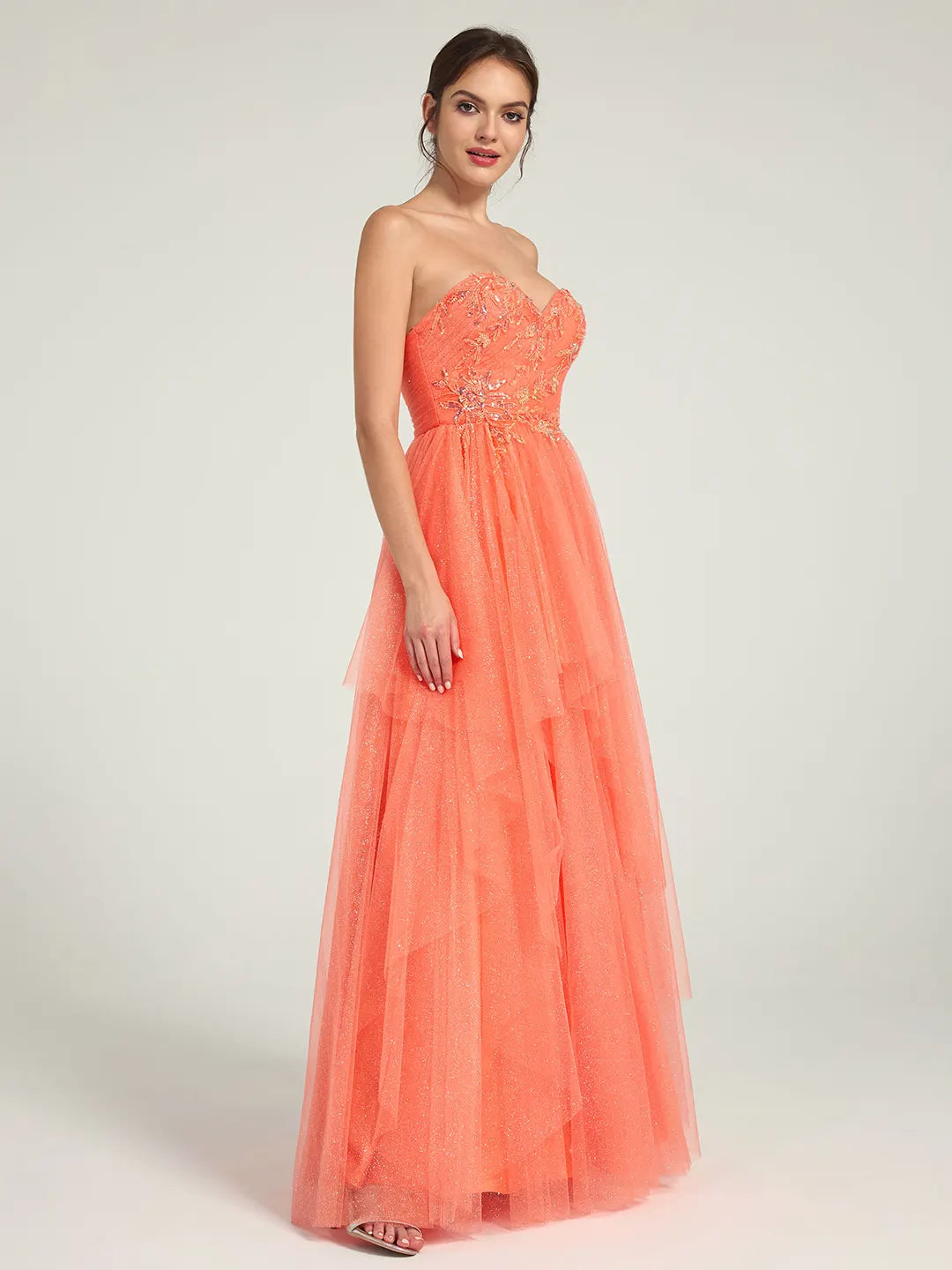 Coral A-Line Maxi Dress with Sweetheart Neckline and Beaded Floral Accents