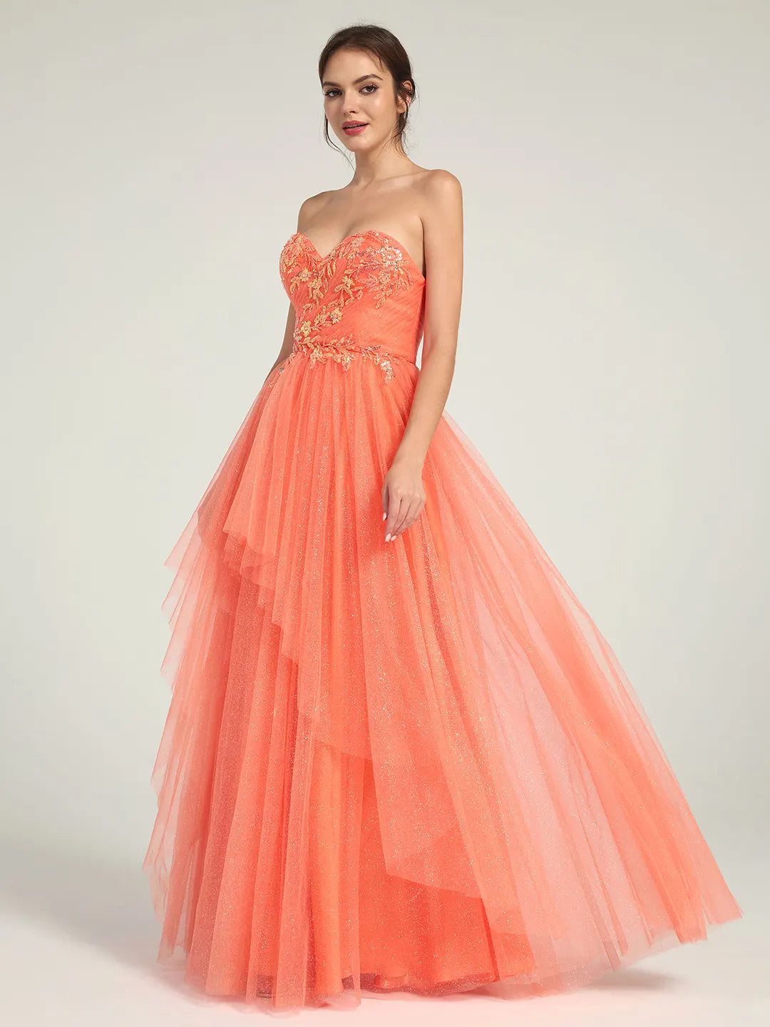 Coral A-Line Maxi Dress with Sweetheart Neckline and Beaded Floral Accents