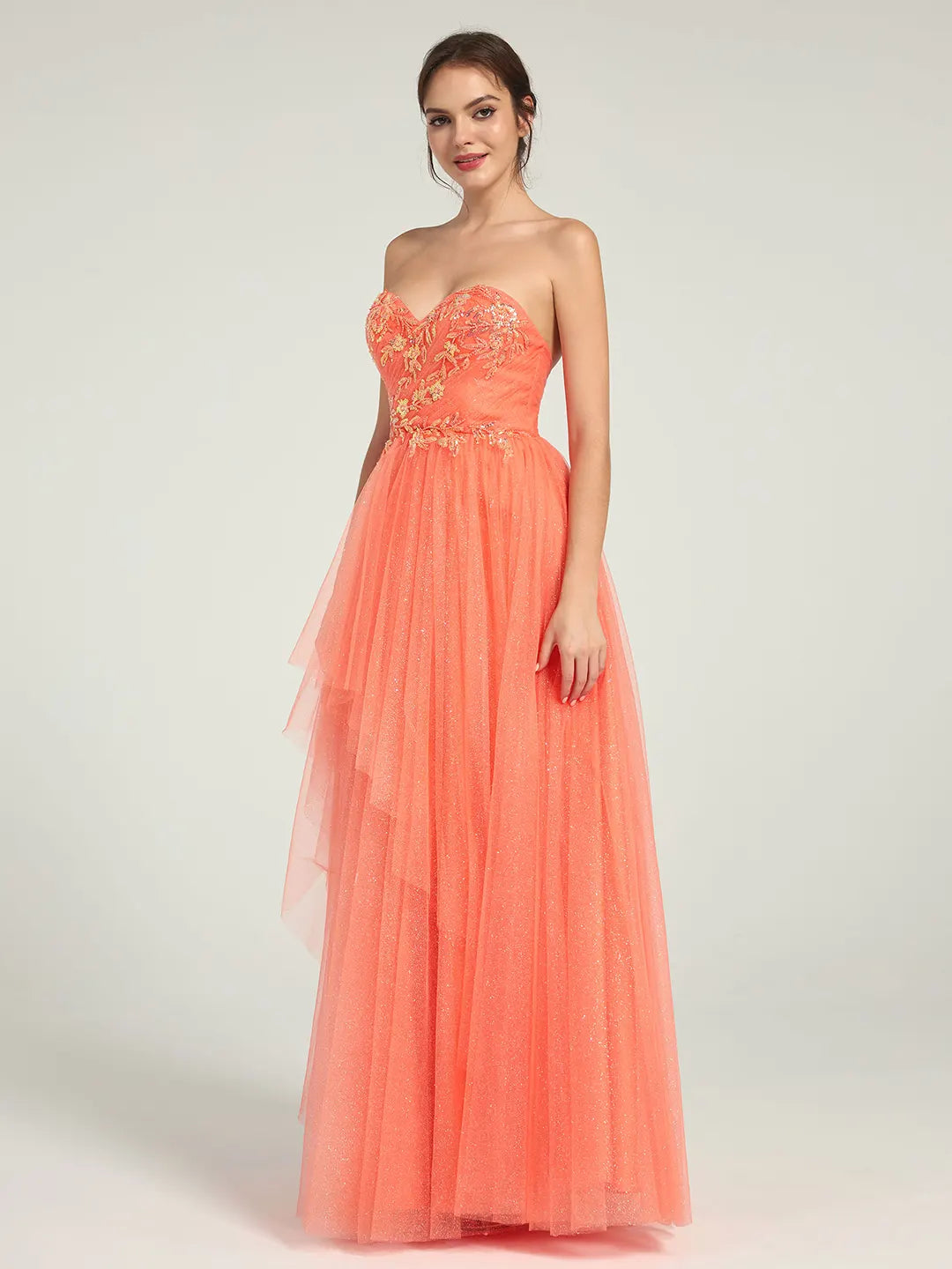 Coral A-Line Maxi Dress with Sweetheart Neckline and Beaded Floral Accents