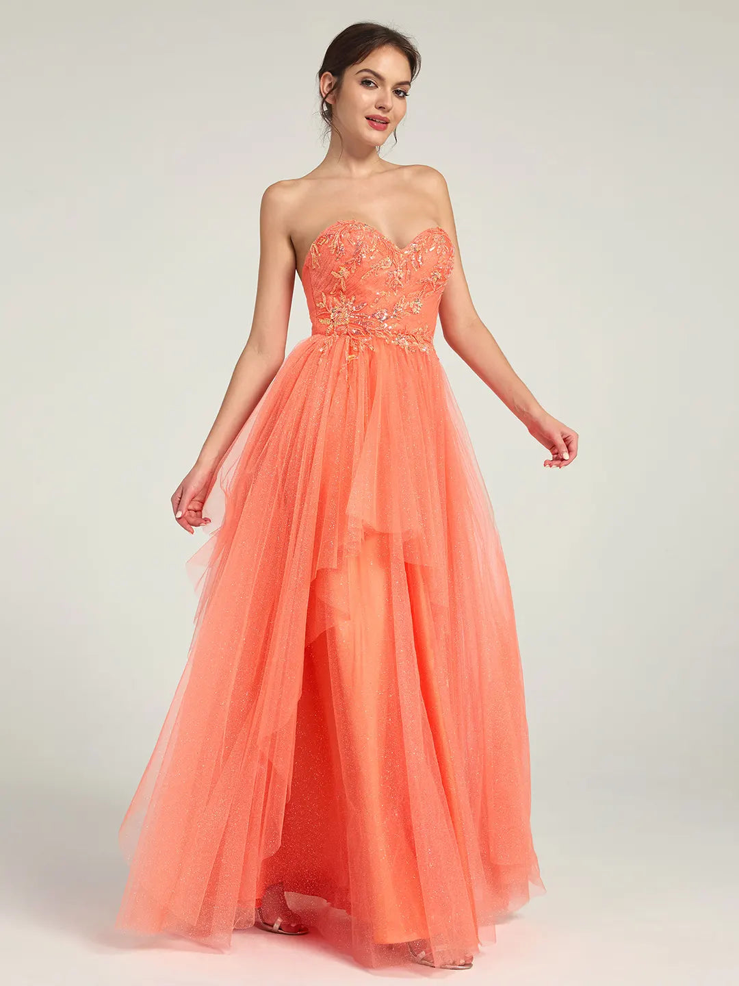 Coral A-Line Maxi Dress with Sweetheart Neckline and Beaded Floral Accents