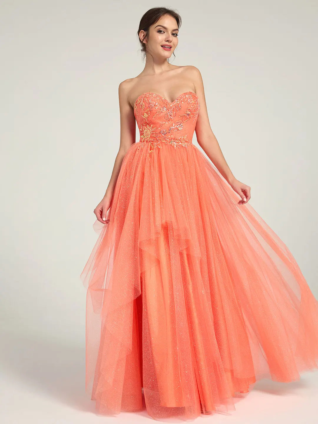 Coral A-Line Maxi Dress with Sweetheart Neckline and Beaded Floral Accents