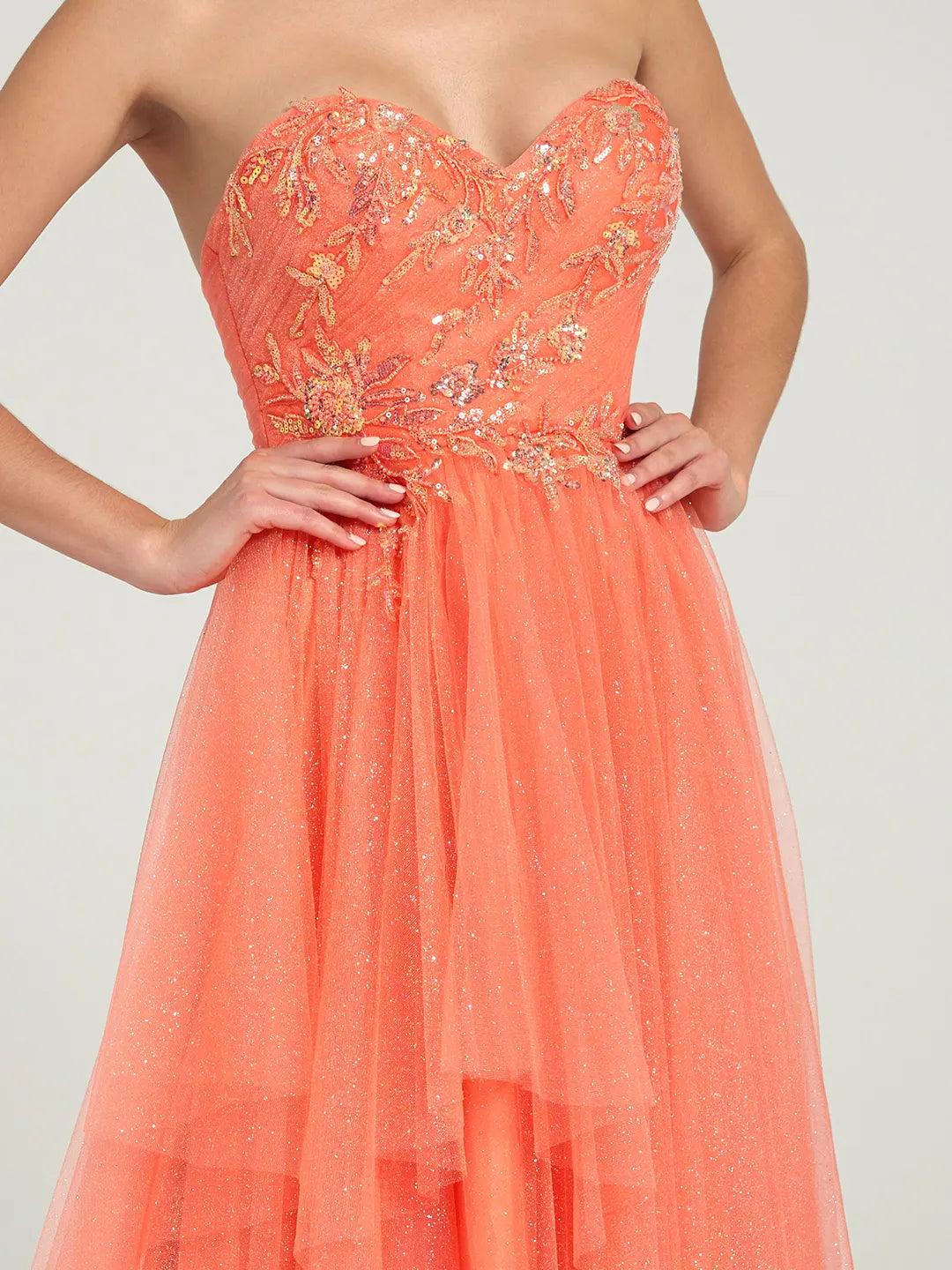 Coral A-Line Maxi Dress with Sweetheart Neckline and Beaded Floral Accents