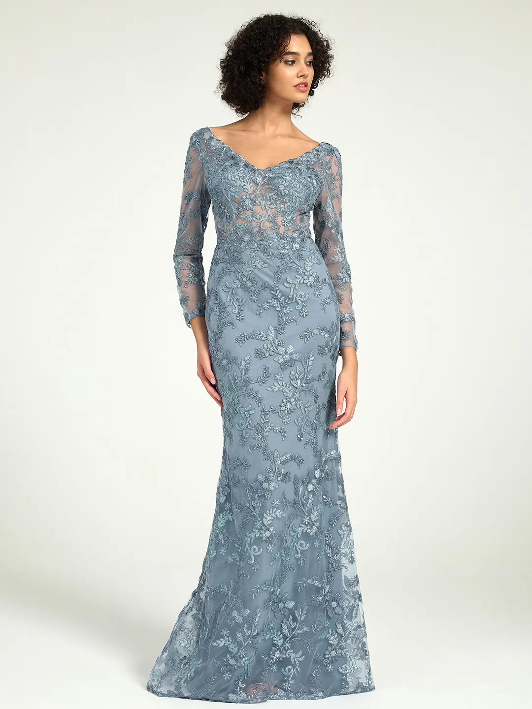 Elegant Misty Blue Long Sleeve Lace Mother of the Bride Dress