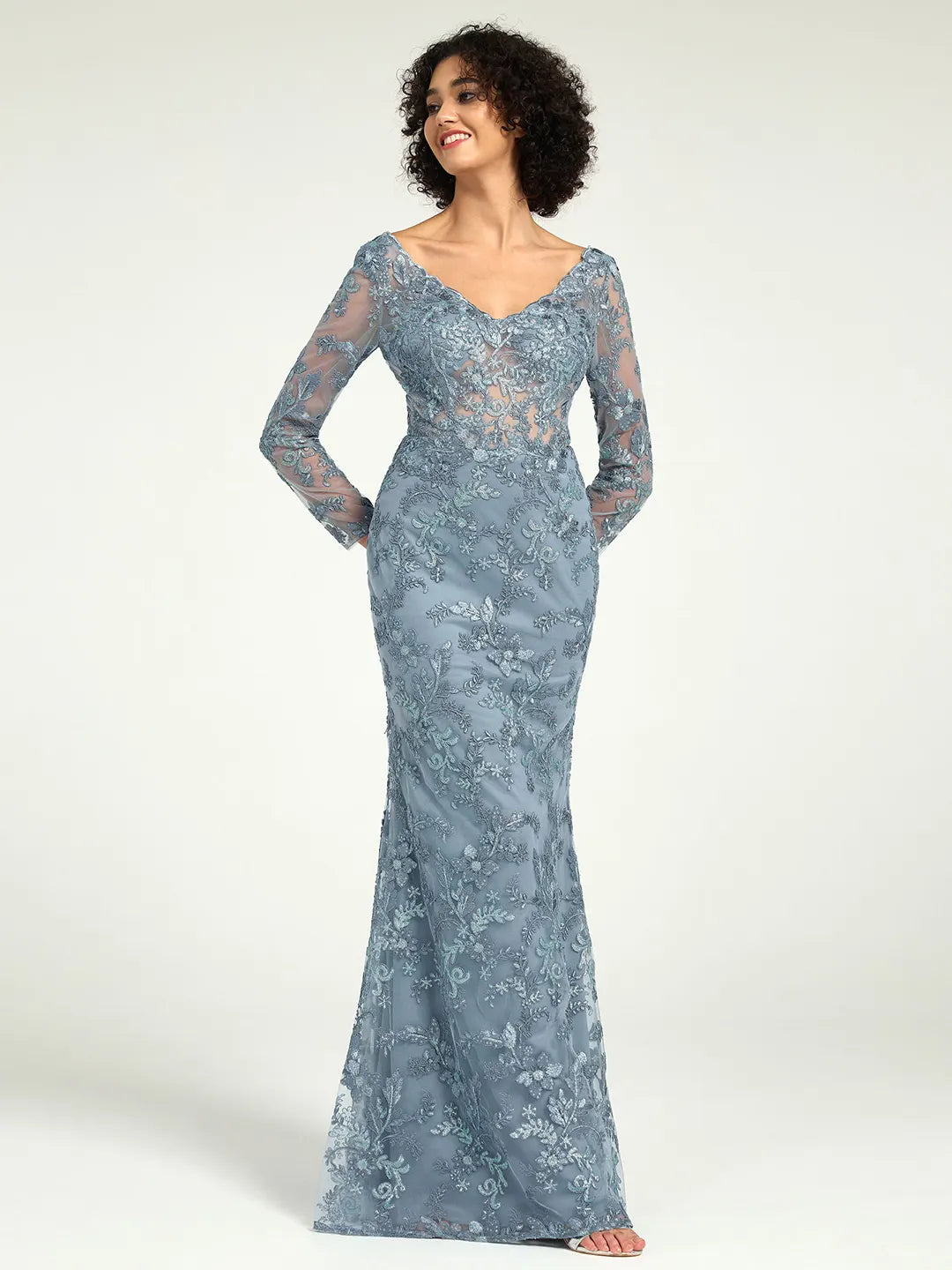 Elegant Misty Blue Long Sleeve Lace Mother of the Bride Dress