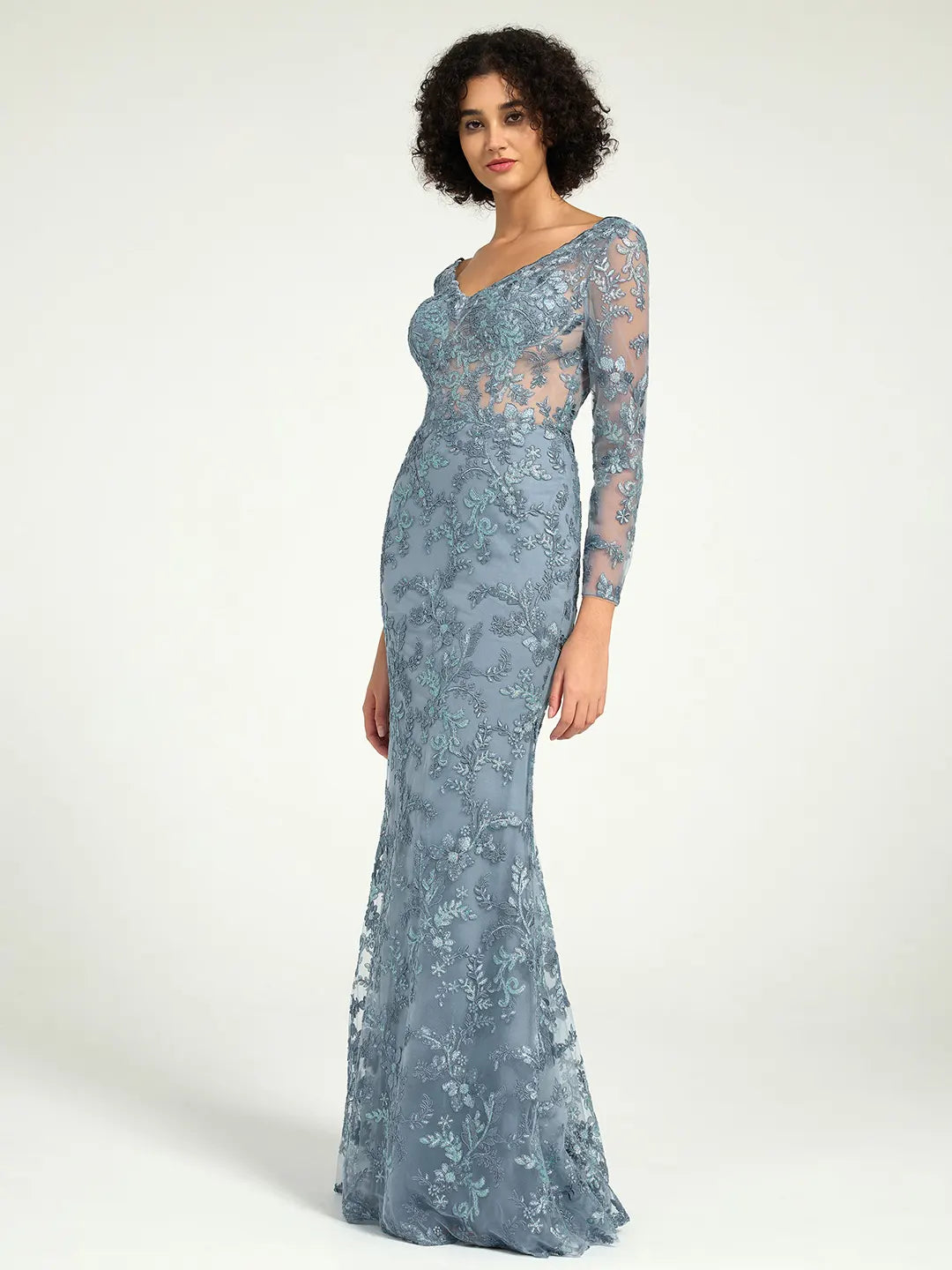 Elegant Misty Blue Long Sleeve Lace Mother of the Bride Dress