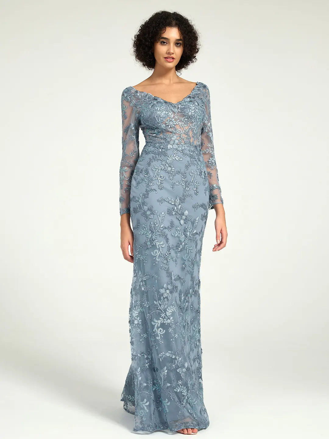 Elegant Misty Blue Long Sleeve Lace Mother of the Bride Dress