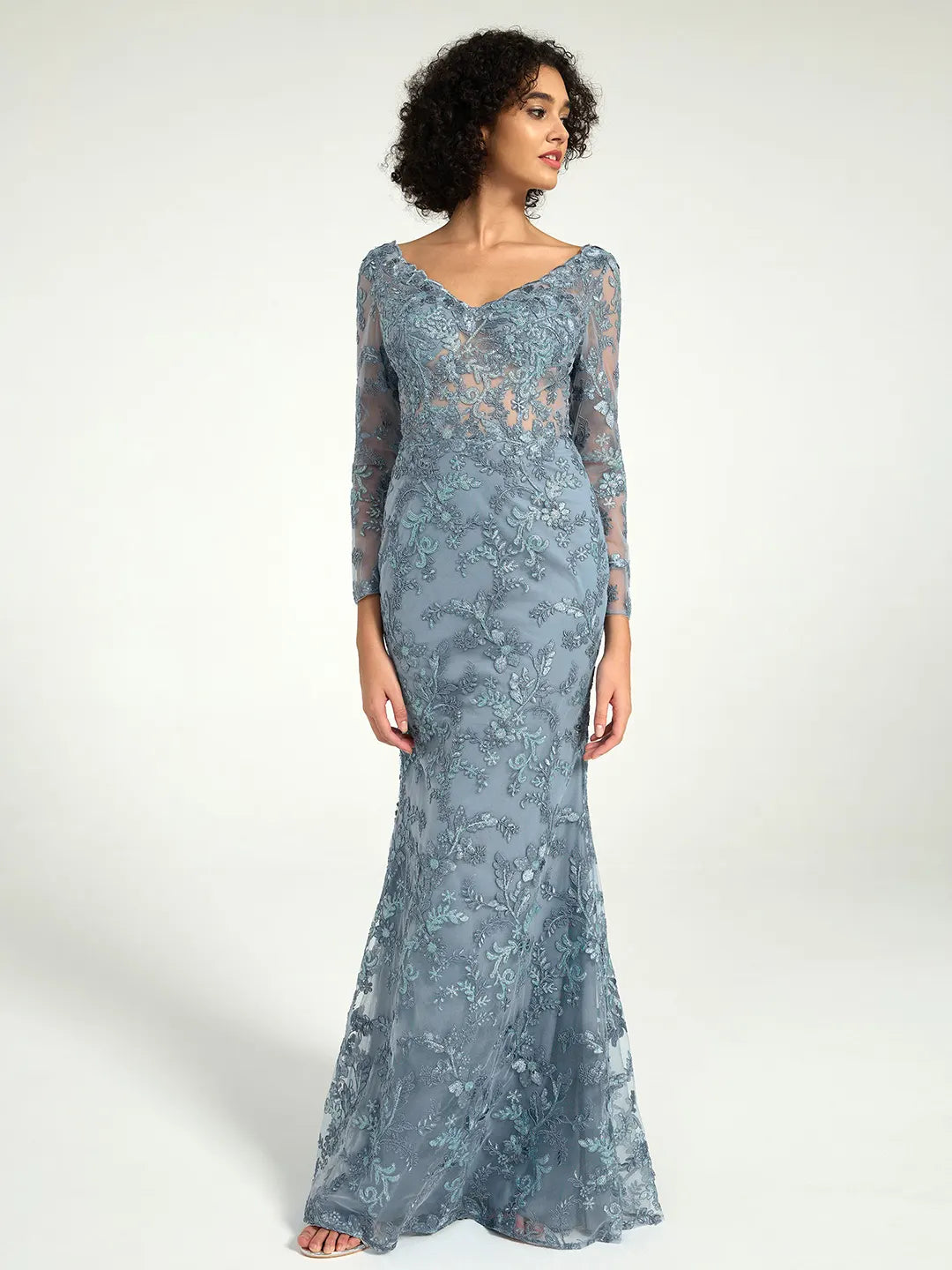 Elegant Misty Blue Long Sleeve Lace Mother of the Bride Dress