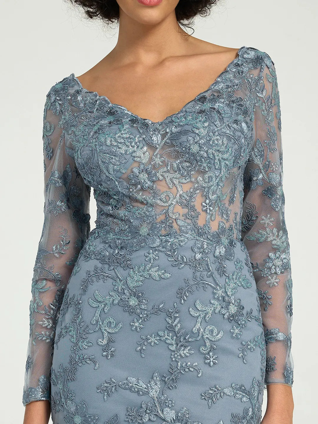 Elegant Misty Blue Long Sleeve Lace Mother of the Bride Dress