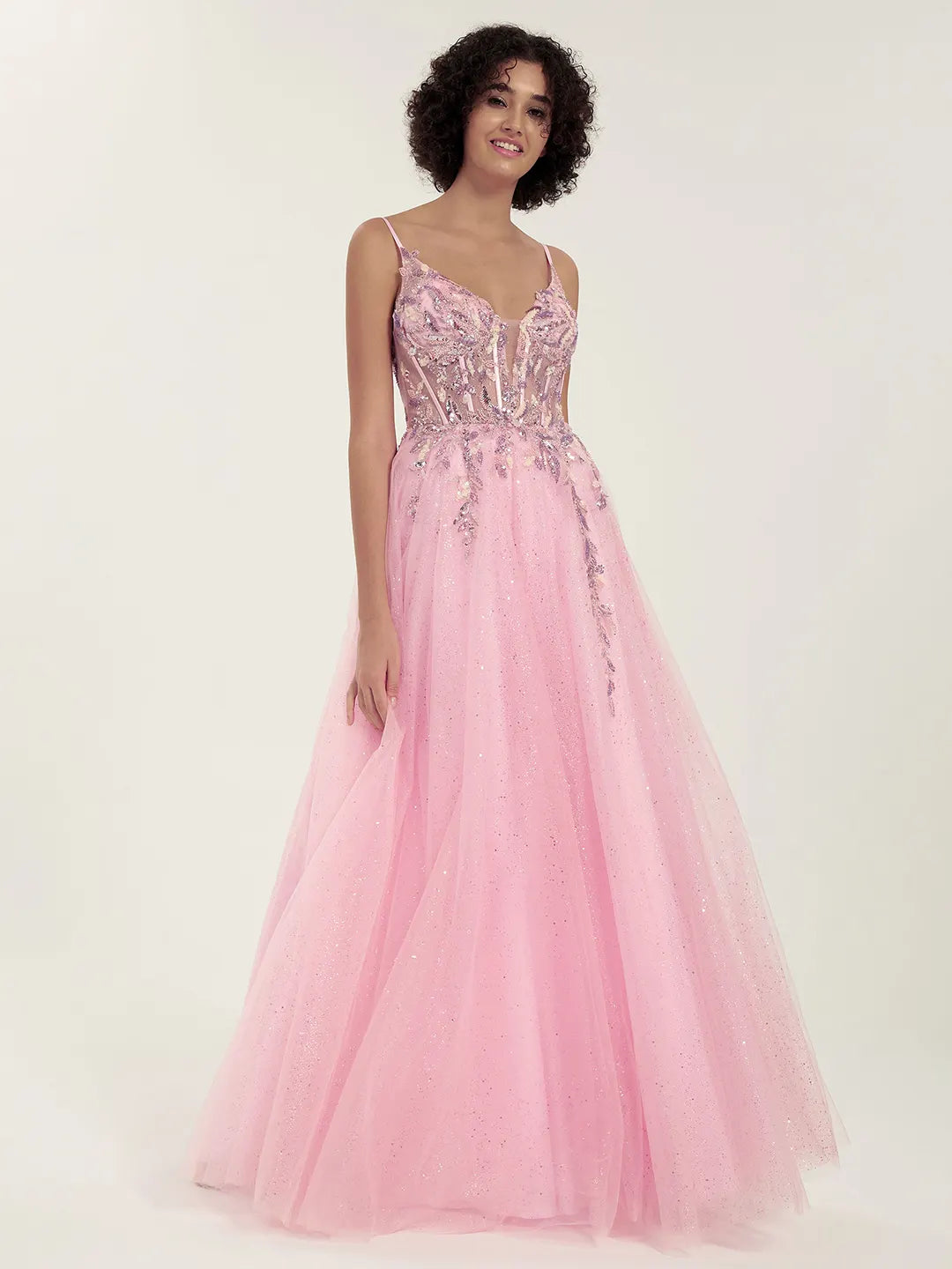 Embellished Tulle Gown with Beaded Floral Deep V-Neck & Strappy Open Back