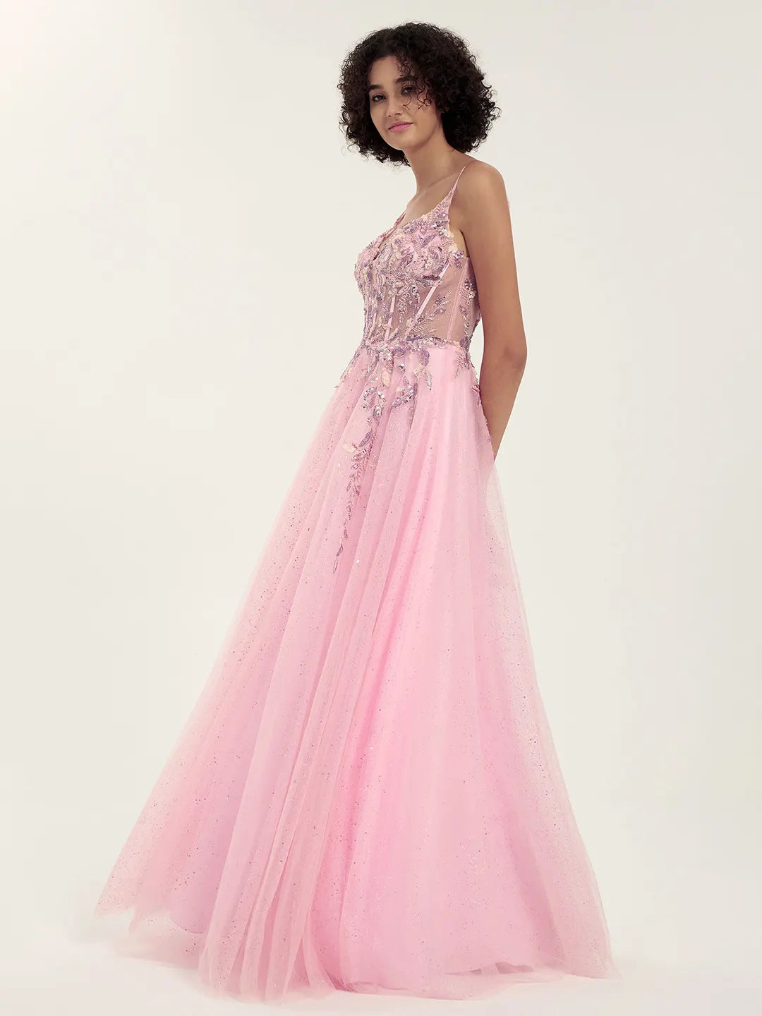 Embellished Tulle Gown with Beaded Floral Deep V-Neck & Strappy Open Back