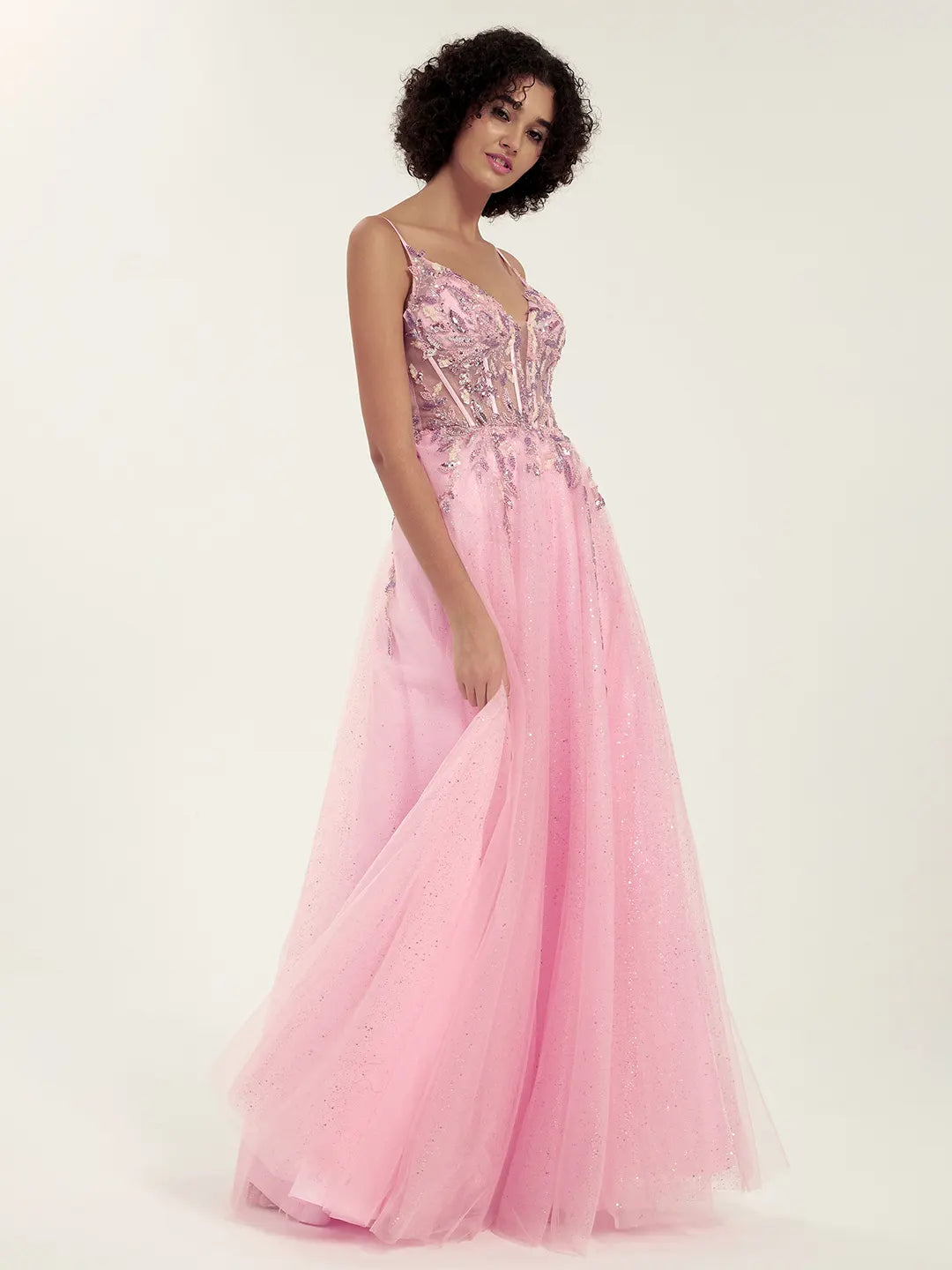 Embellished Tulle Gown with Beaded Floral Deep V-Neck & Strappy Open Back