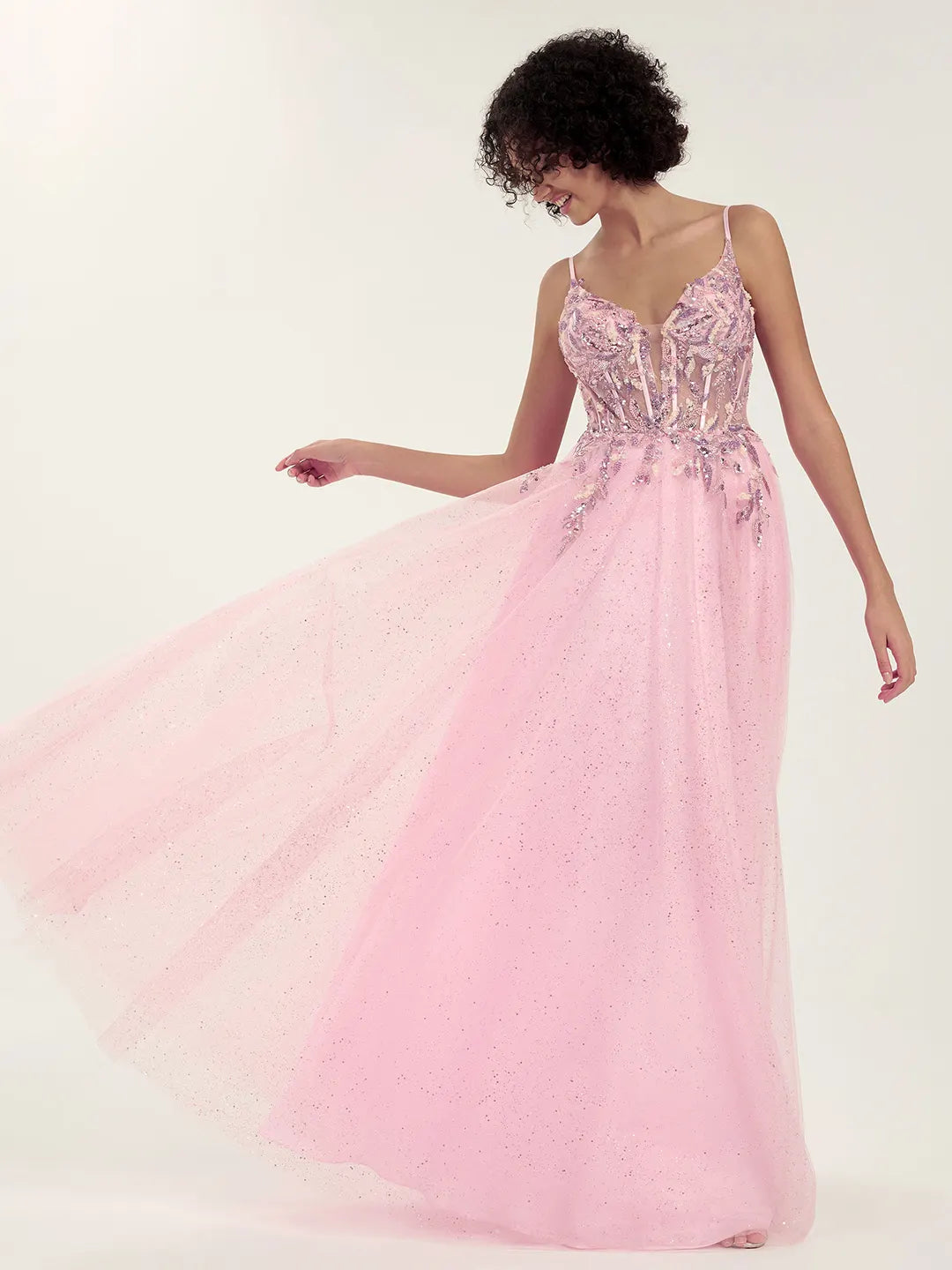 Embellished Tulle Gown with Beaded Floral Deep V-Neck & Strappy Open Back