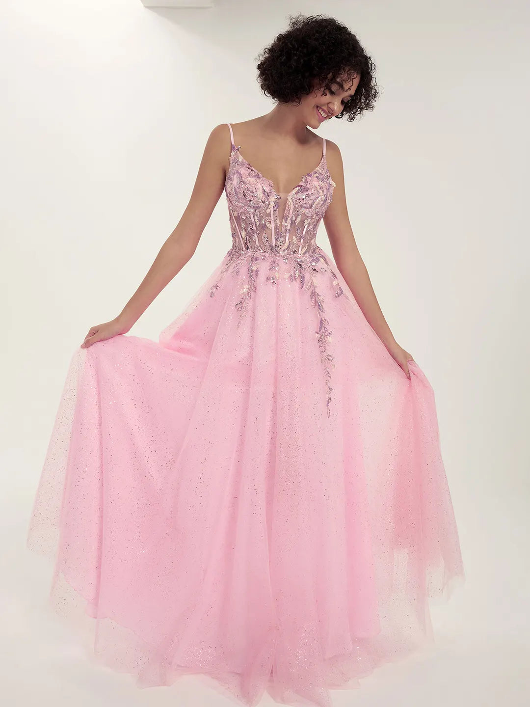 Embellished Tulle Gown with Beaded Floral Deep V-Neck & Strappy Open Back