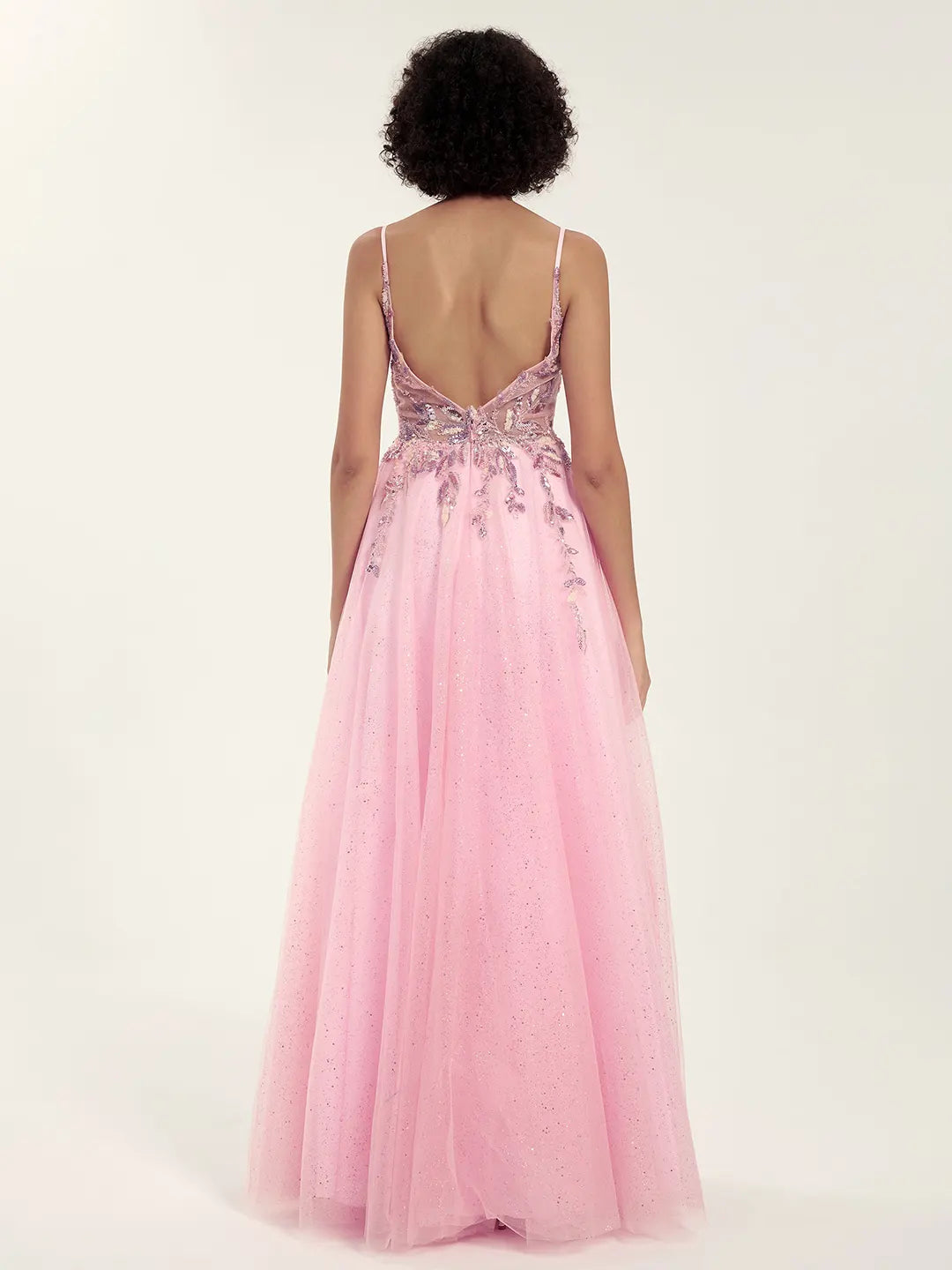 Embellished Tulle Gown with Beaded Floral Deep V-Neck & Strappy Open Back