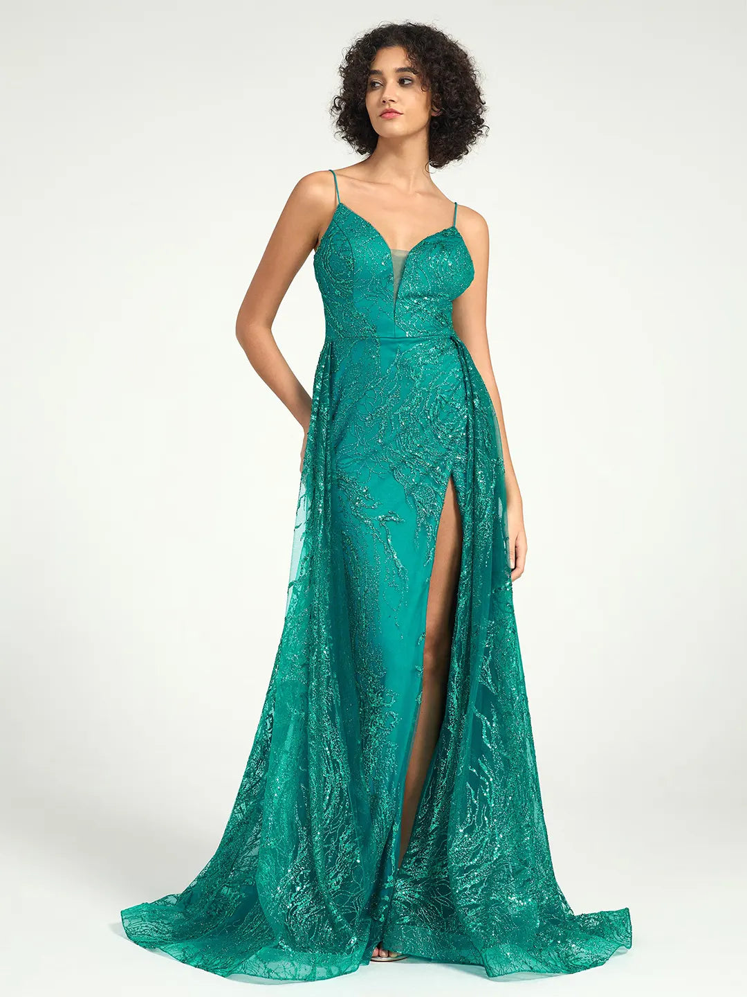 Emerald Sequin Tulle Mermaid V-Neck Dress with Strappy Back & Sweep Train