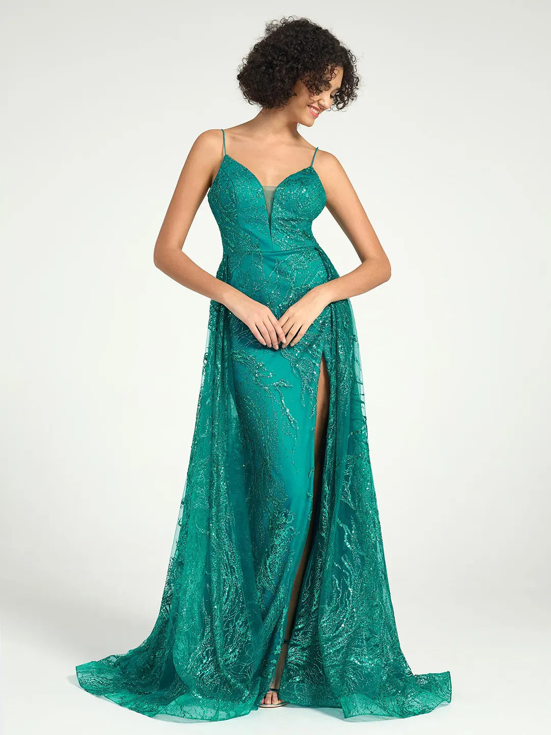 Emerald Sequin Tulle Mermaid V-Neck Dress with Strappy Back & Sweep Train