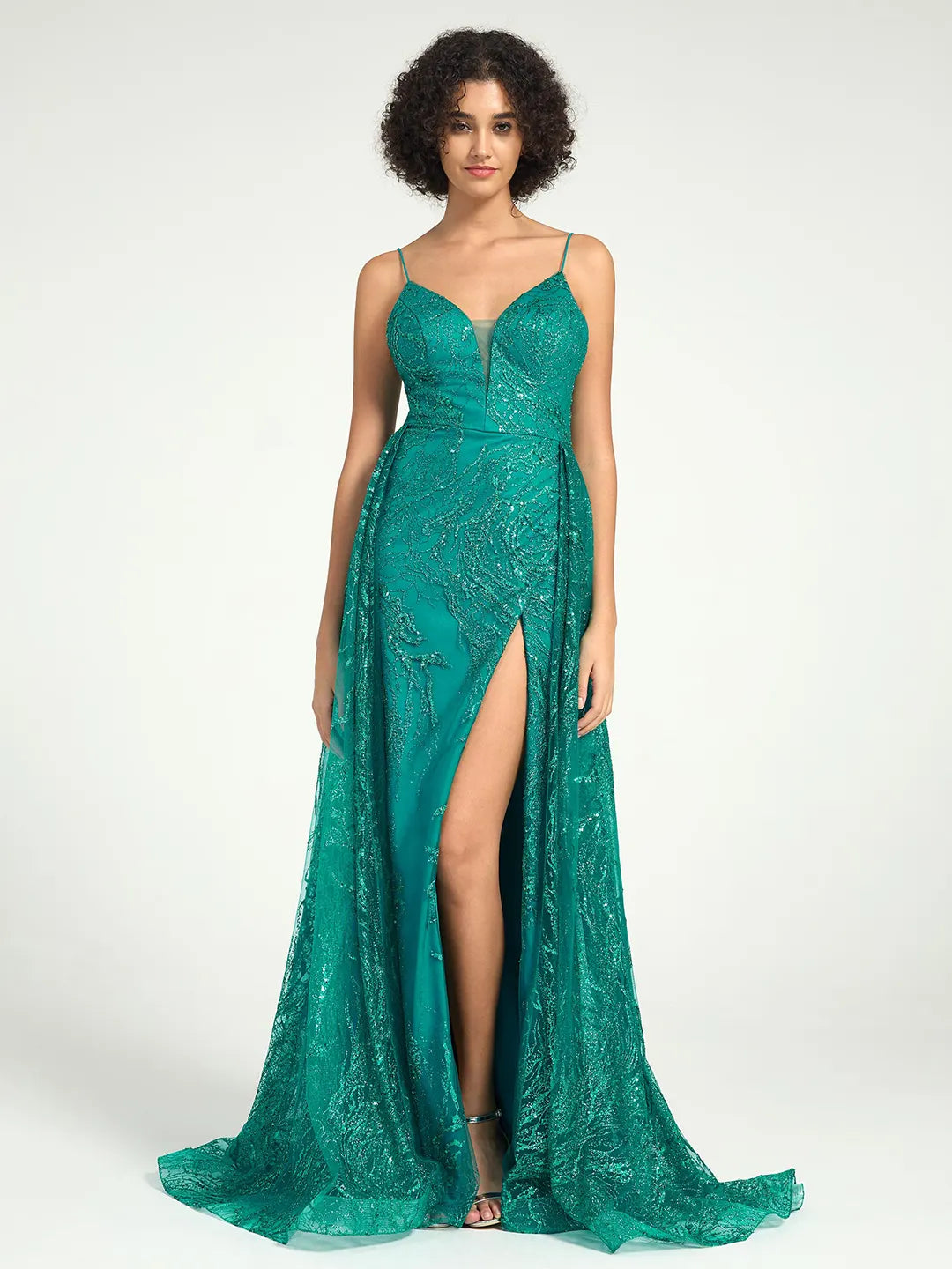 Emerald Sequin Tulle Mermaid V-Neck Dress with Strappy Back & Sweep Train