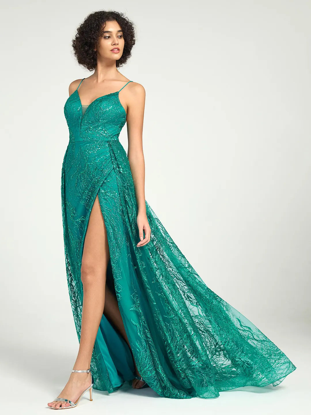 Emerald Sequin Tulle Mermaid V-Neck Dress with Strappy Back & Sweep Train