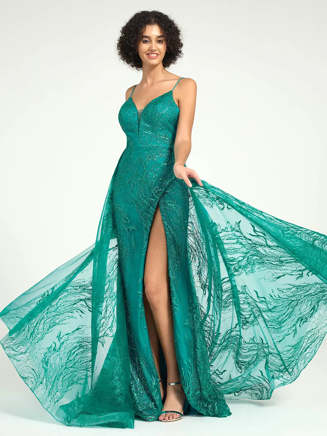 Emerald Sequin Tulle Mermaid V-Neck Dress with Strappy Back & Sweep Train