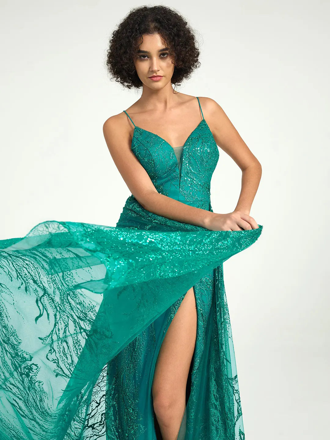 Emerald Sequin Tulle Mermaid V-Neck Dress with Strappy Back & Sweep Train