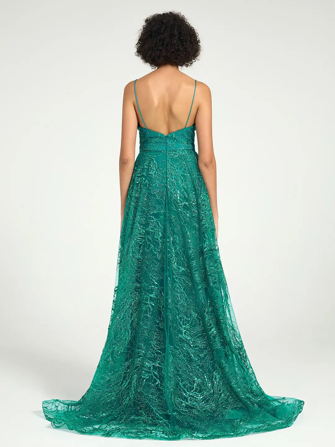 Emerald Sequin Tulle Mermaid V-Neck Dress with Strappy Back & Sweep Train