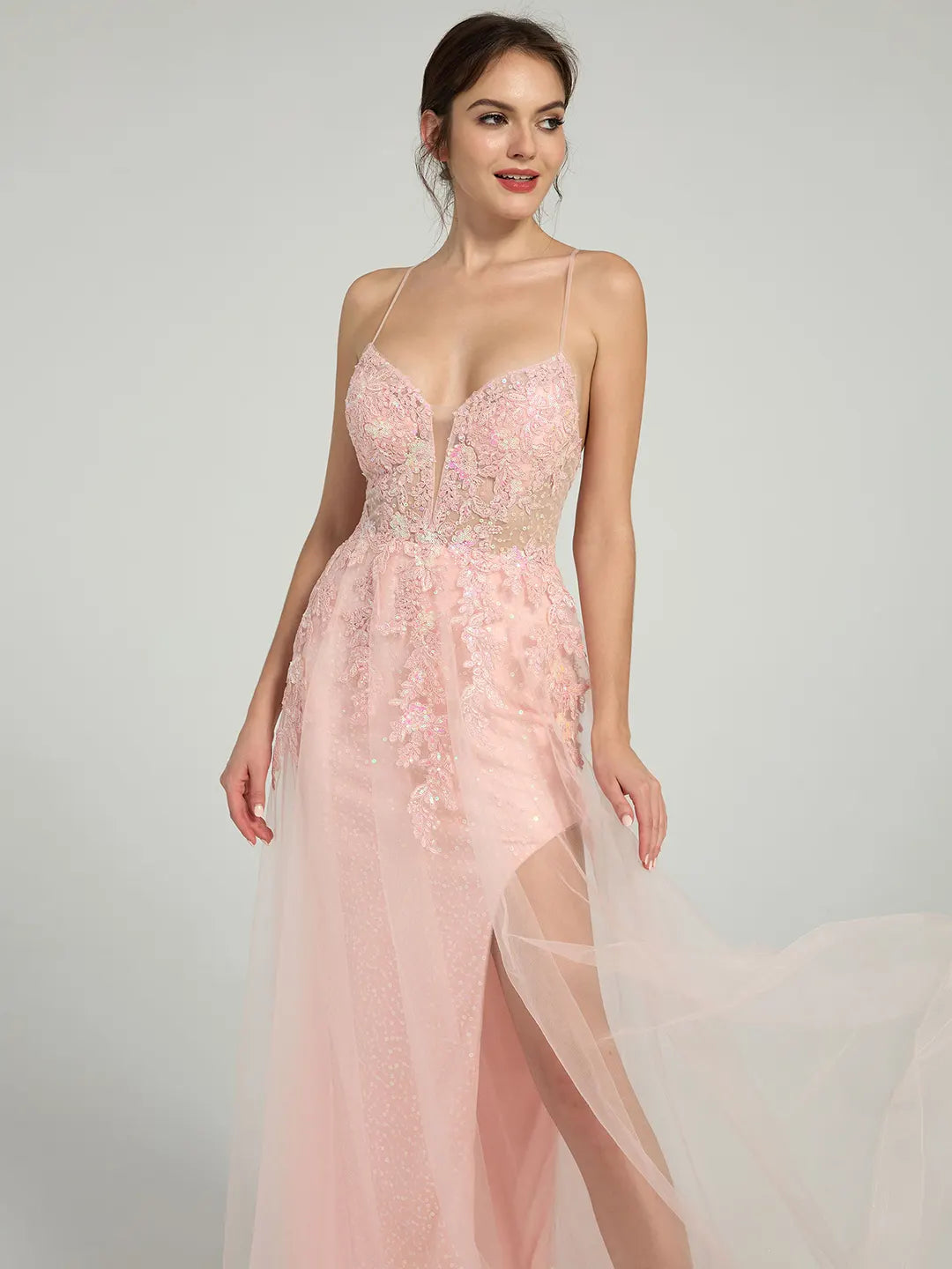 Floral Lace A-Line Sequin Maxi Dress with Plunge Neck