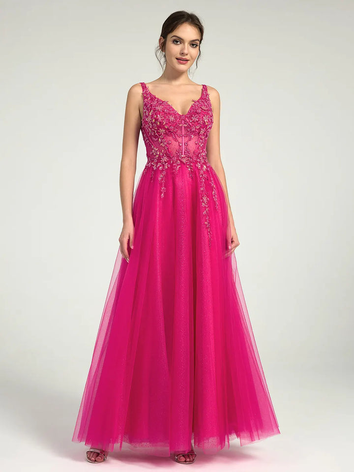 A-Line Lace & Tulle Maxi Dress with Sequin and Beaded Accents