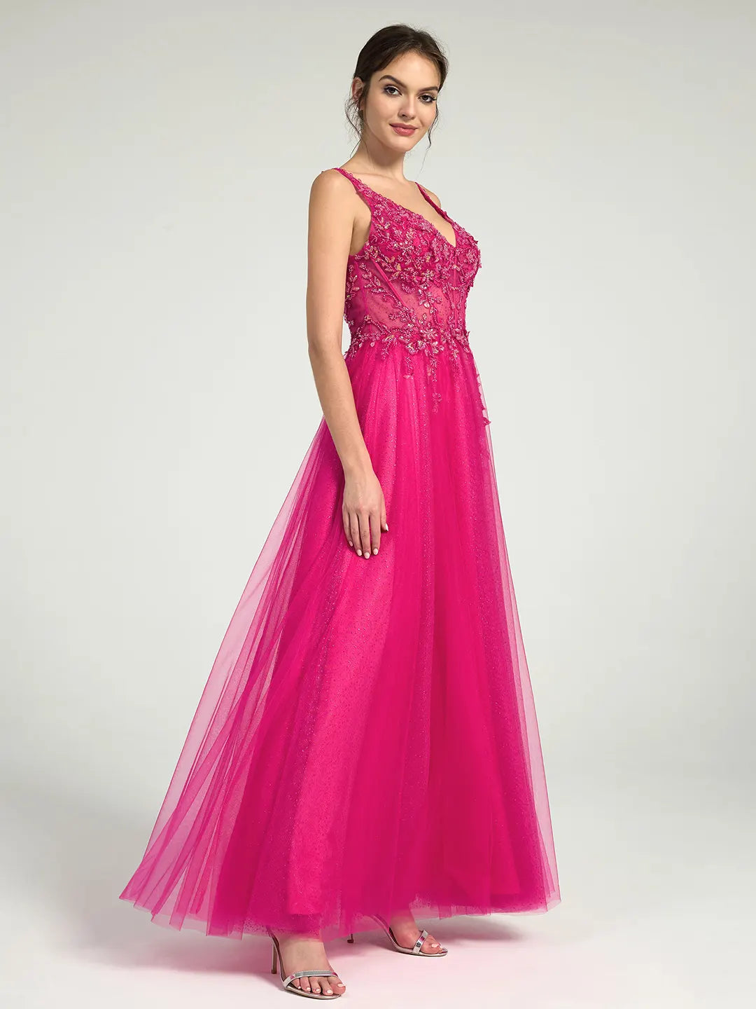 A-Line Lace & Tulle Maxi Dress with Sequin and Beaded Accents