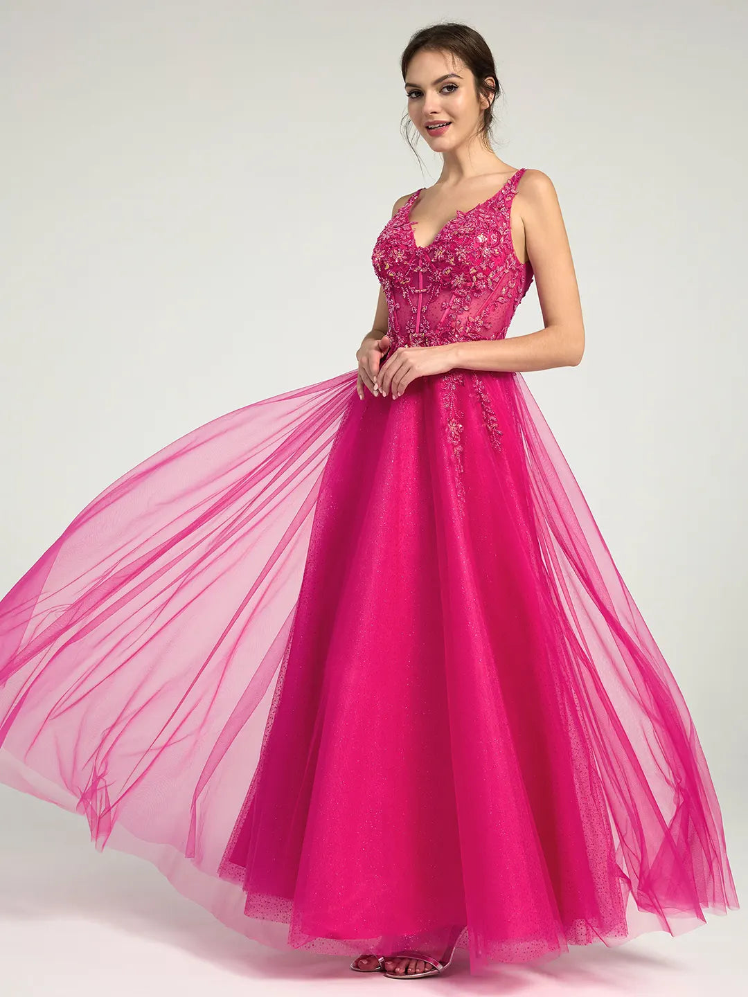 A-Line Lace & Tulle Maxi Dress with Sequin and Beaded Accents