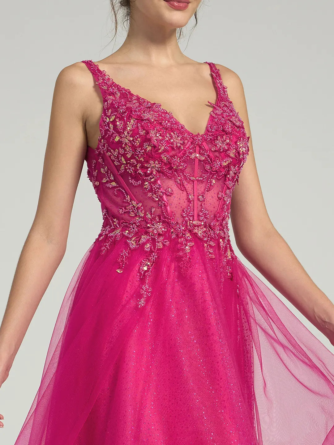 A-Line Lace & Tulle Maxi Dress with Sequin and Beaded Accents