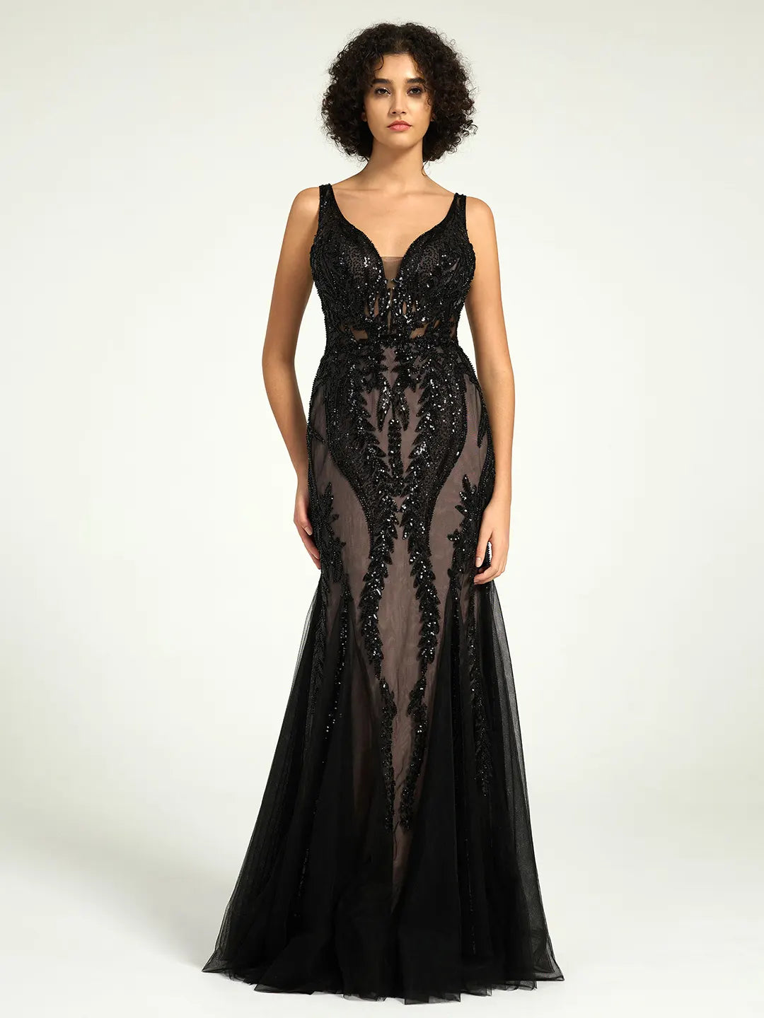 Full-Length Mermaid Nude Illusion Black Lace Sequin Formal Gown