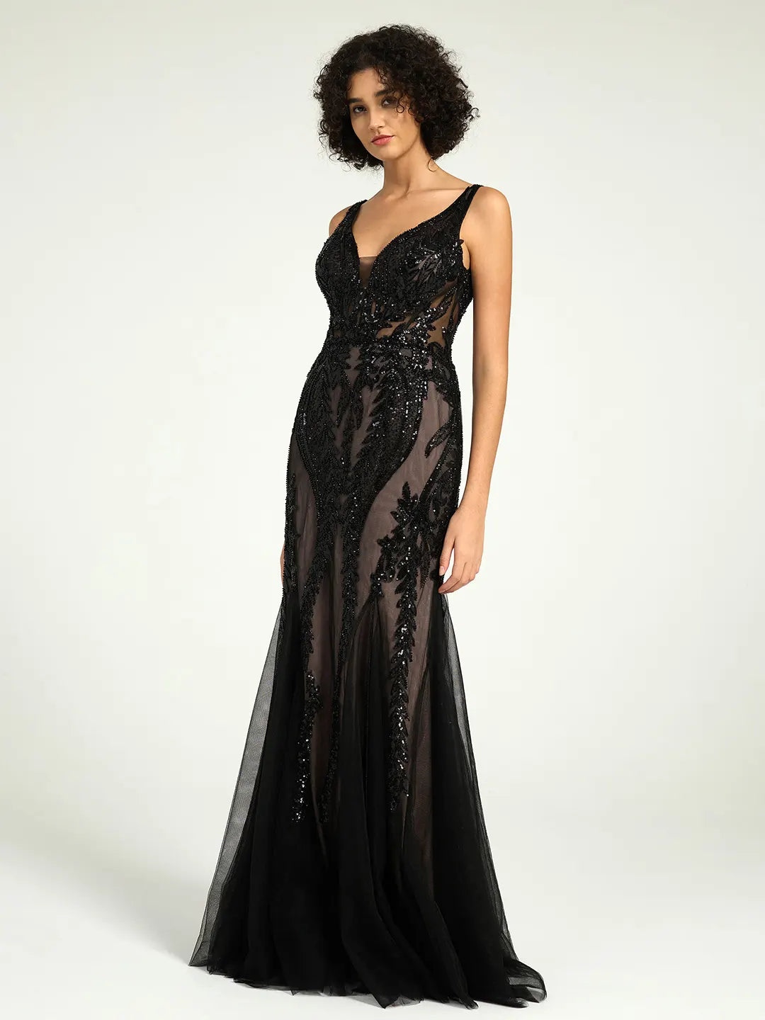 Full-Length Mermaid Nude Illusion Black Lace Sequin Formal Gown