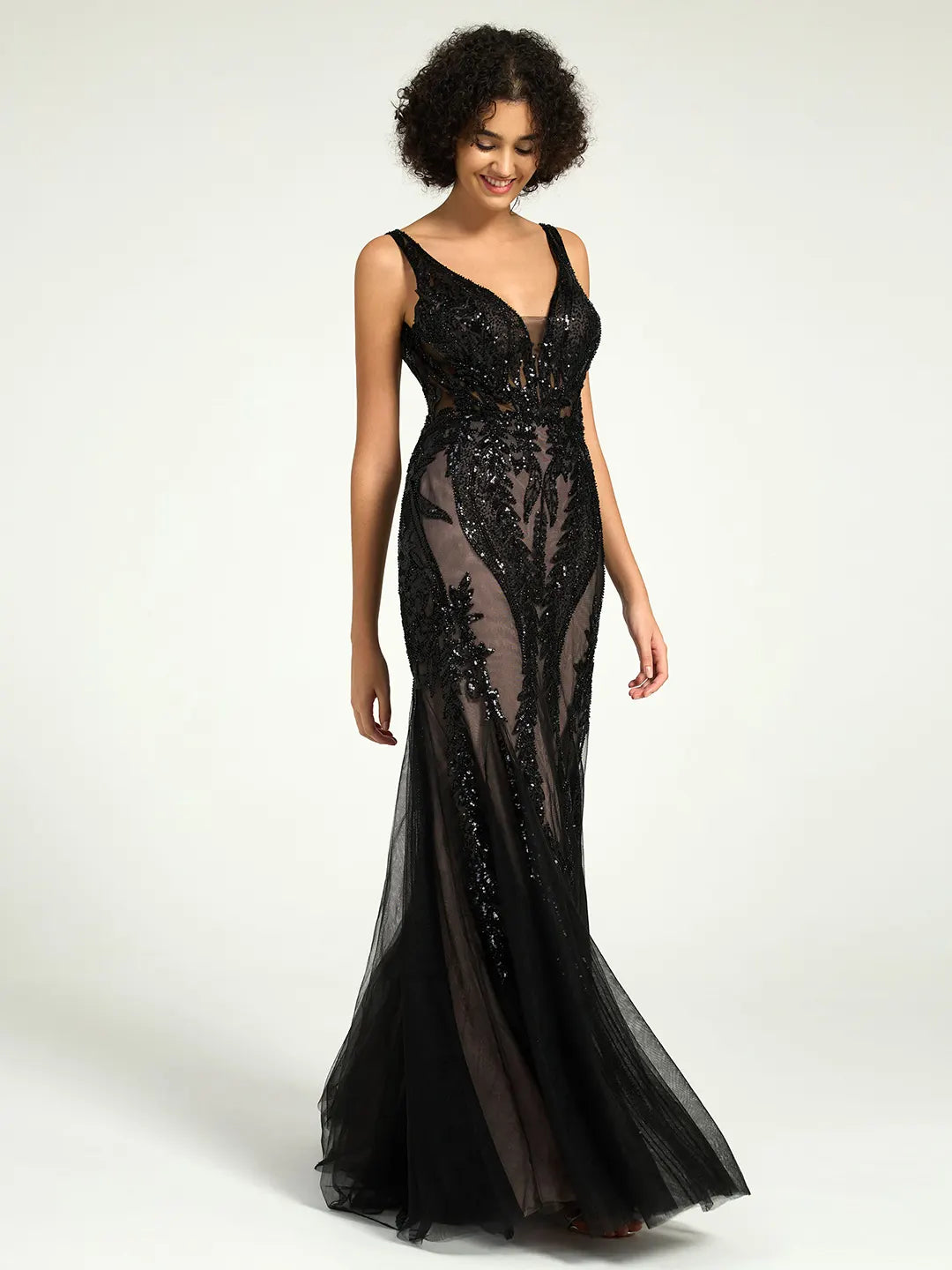 Full-Length Mermaid Nude Illusion Black Lace Sequin Formal Gown