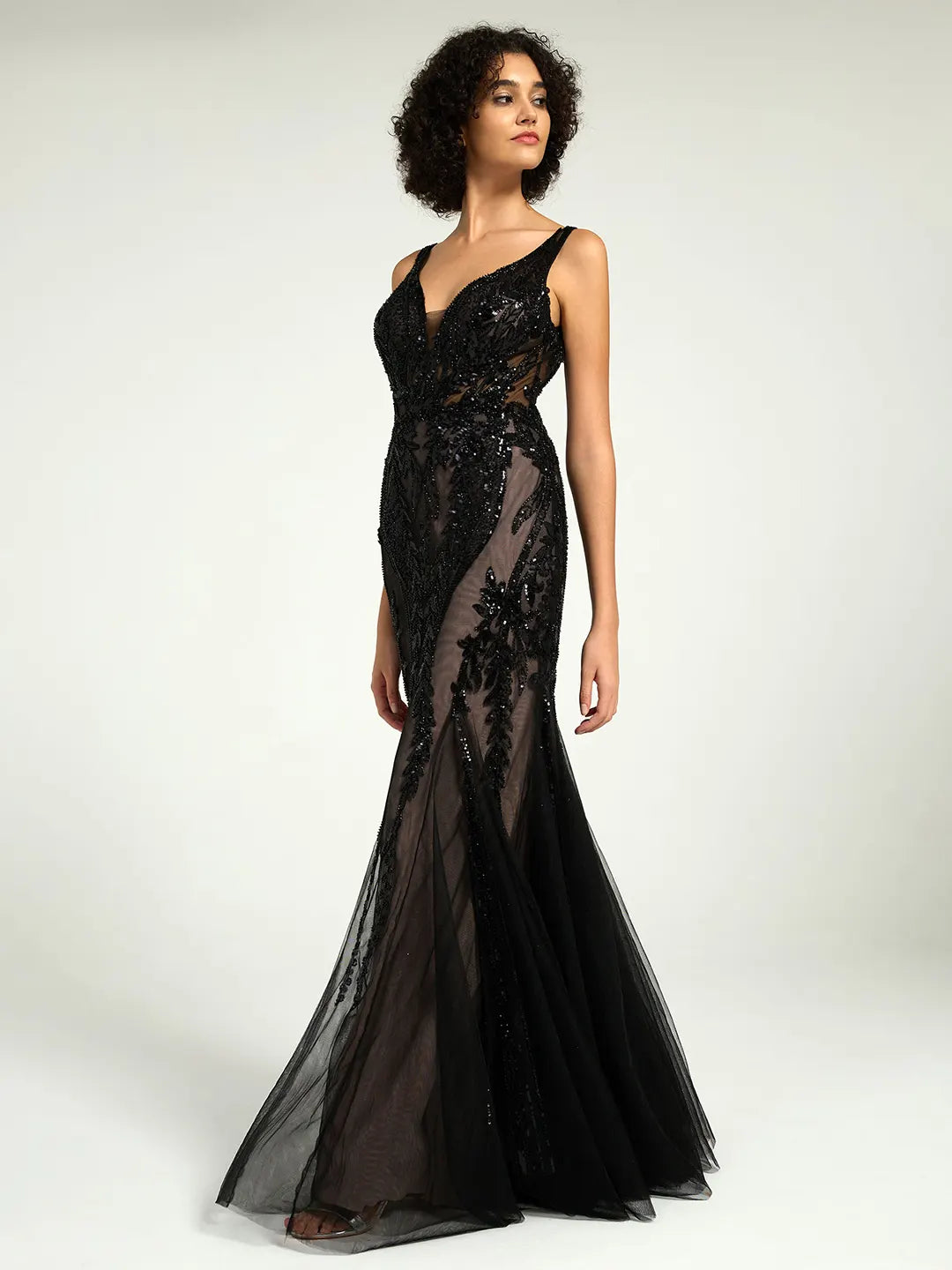 Full-Length Mermaid Nude Illusion Black Lace Sequin Formal Gown