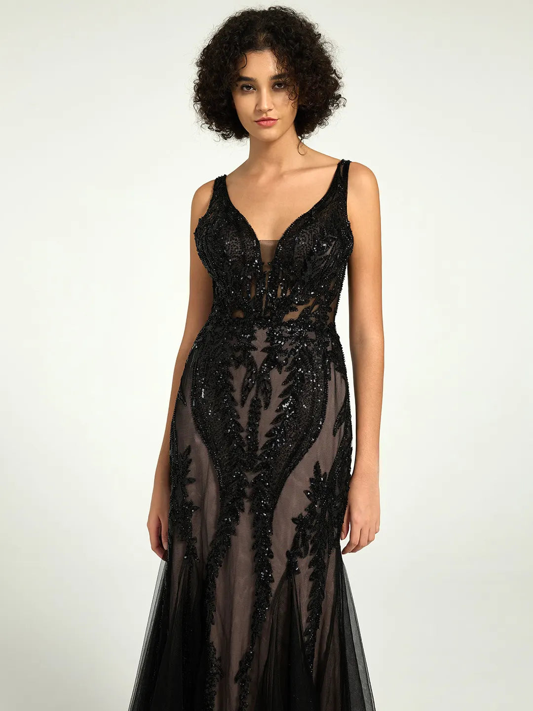 Full-Length Mermaid Nude Illusion Black Lace Sequin Formal Gown